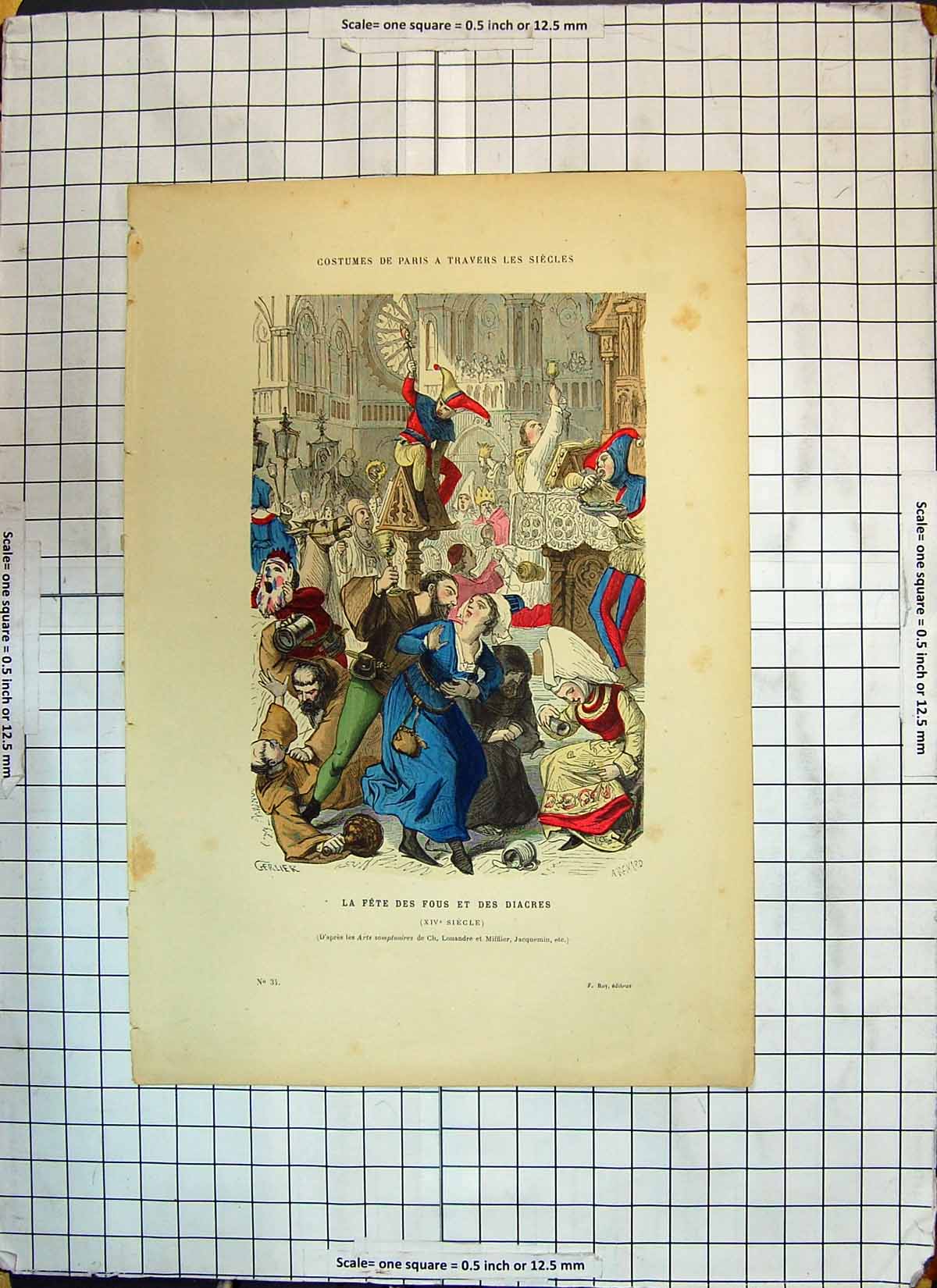 Original Old Antique Print Colour Costumes Paris Fete Des Fous Des Diacres