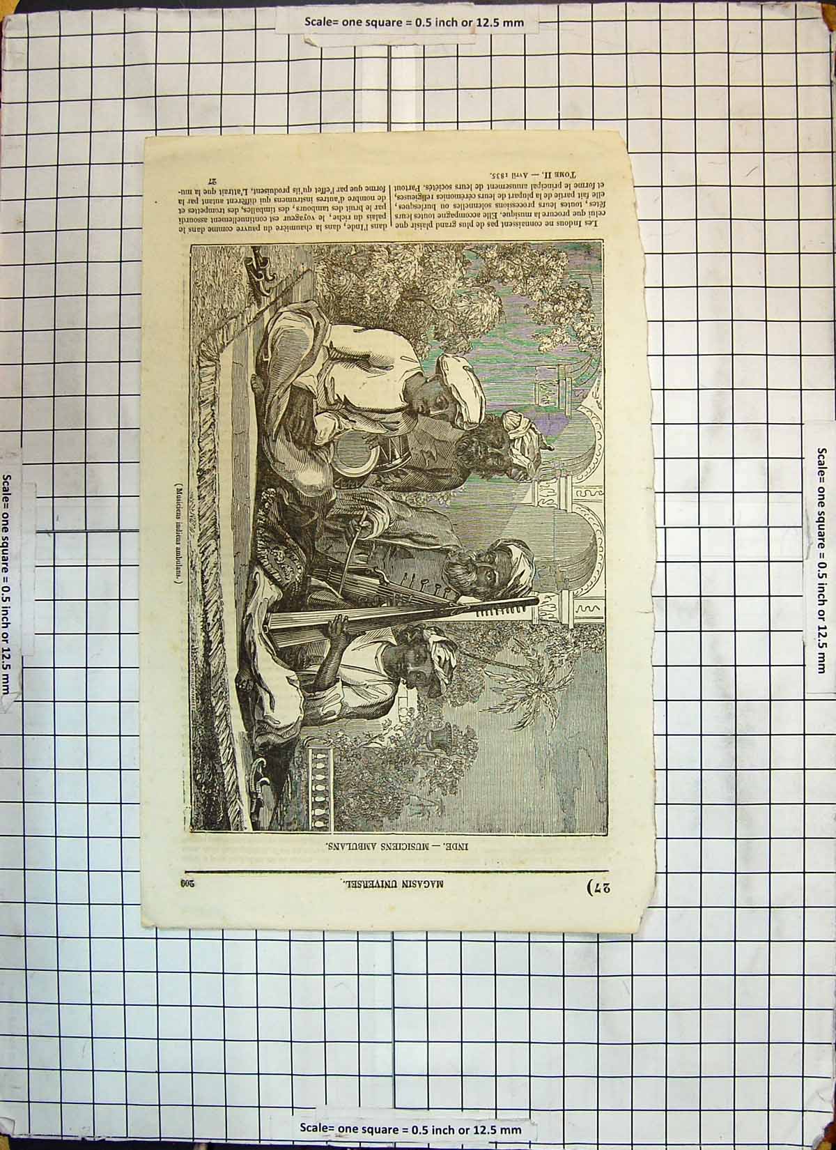 Antique Old Print Musiciens Indiens Ambulans Musicians Indian Men Music Scene