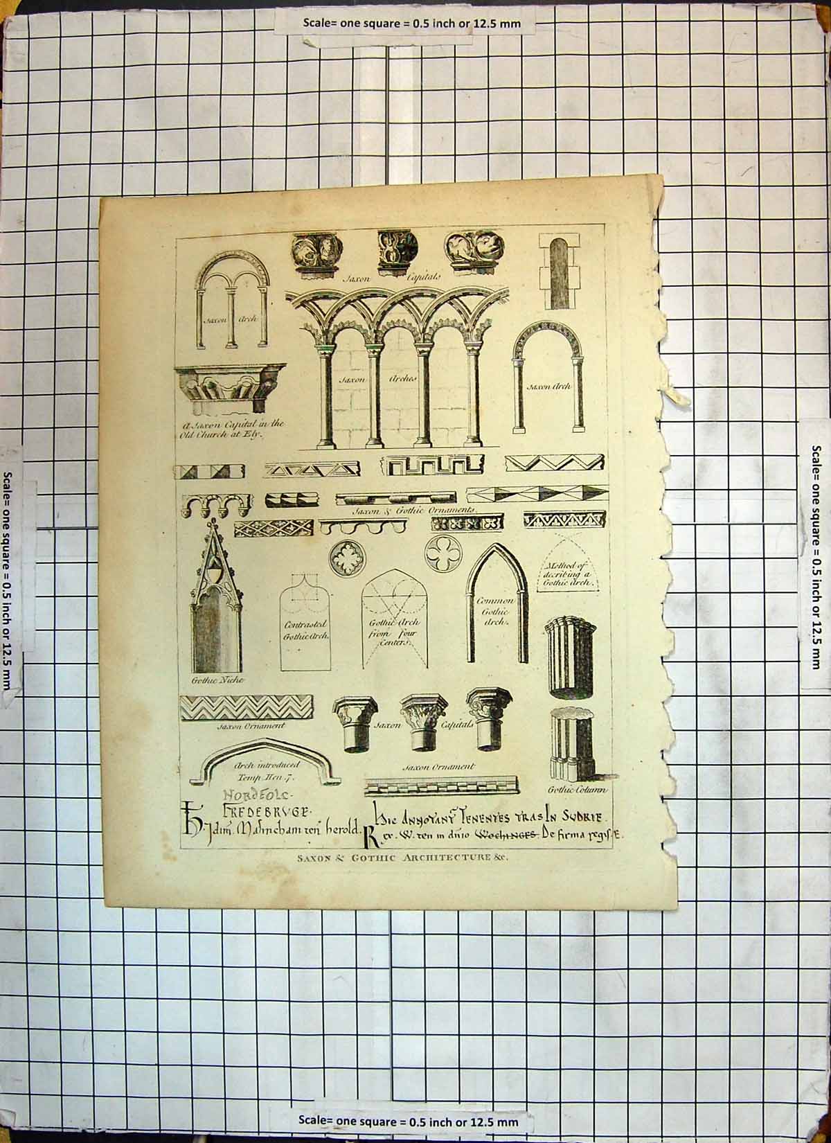 Old Antique Print Saxon Gothic Architecture Capitals Arch Niche Ornament