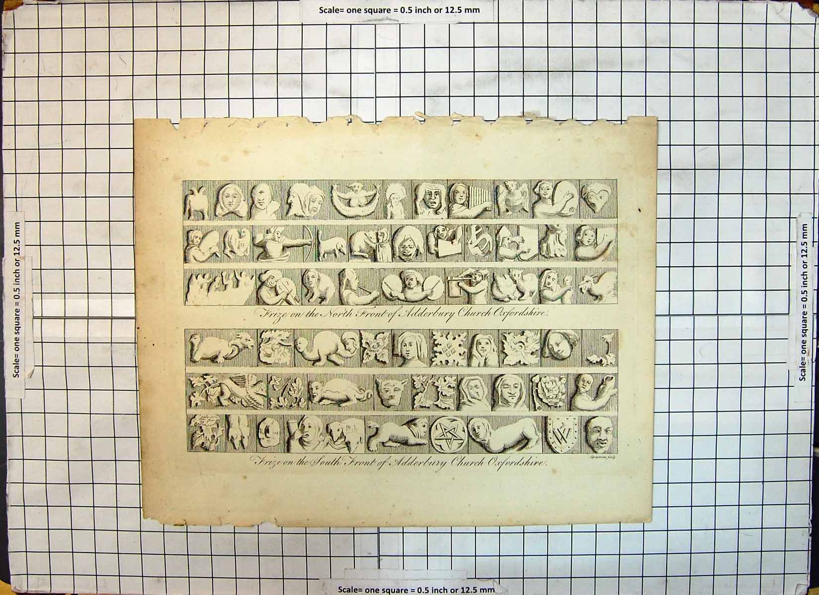 Original Old Antique Print Frize Adderbury Church Oxfordshire Frieze