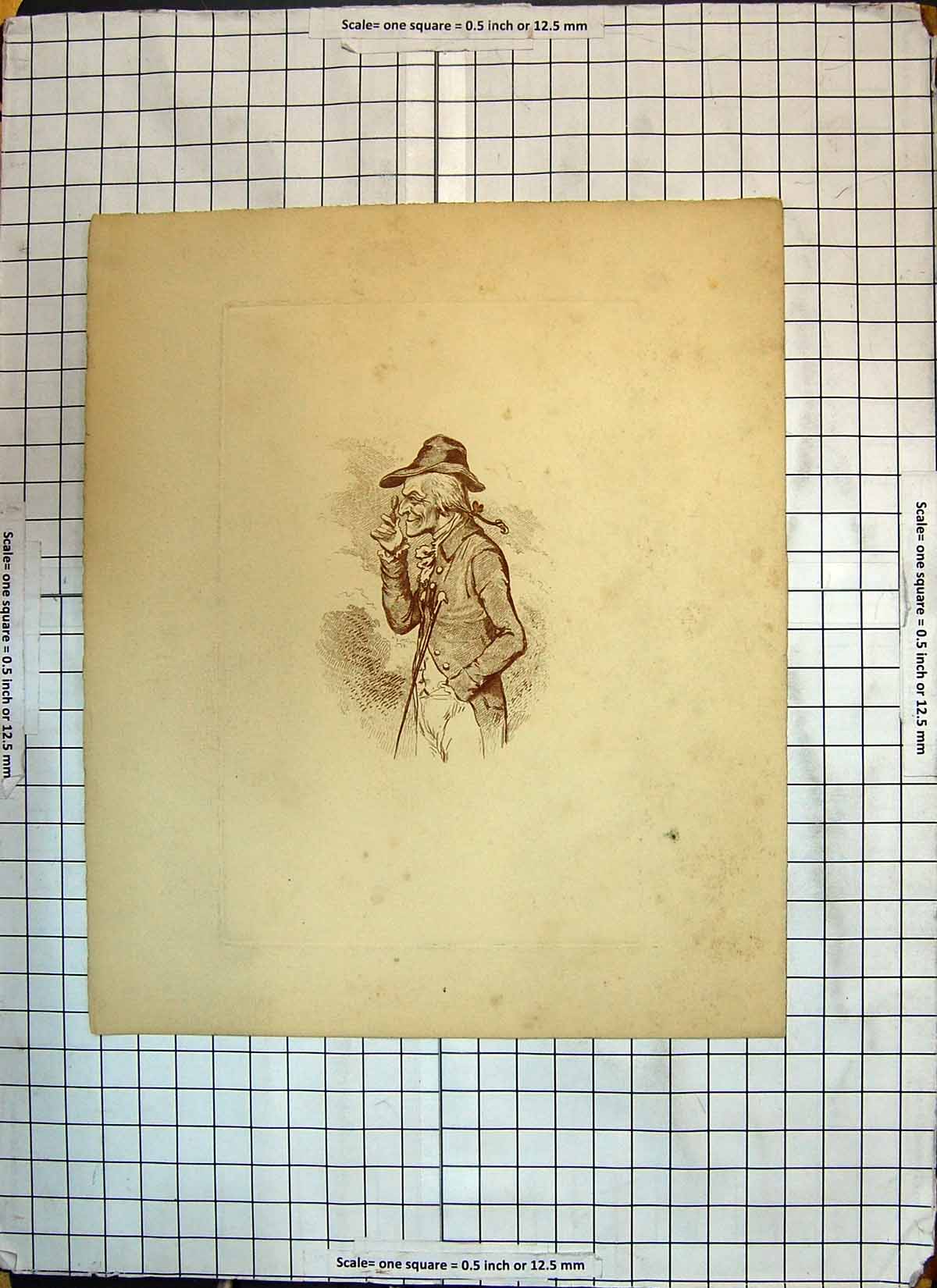 Original Old Antique Print Sketch Man Looking Glass Top Hat Stick