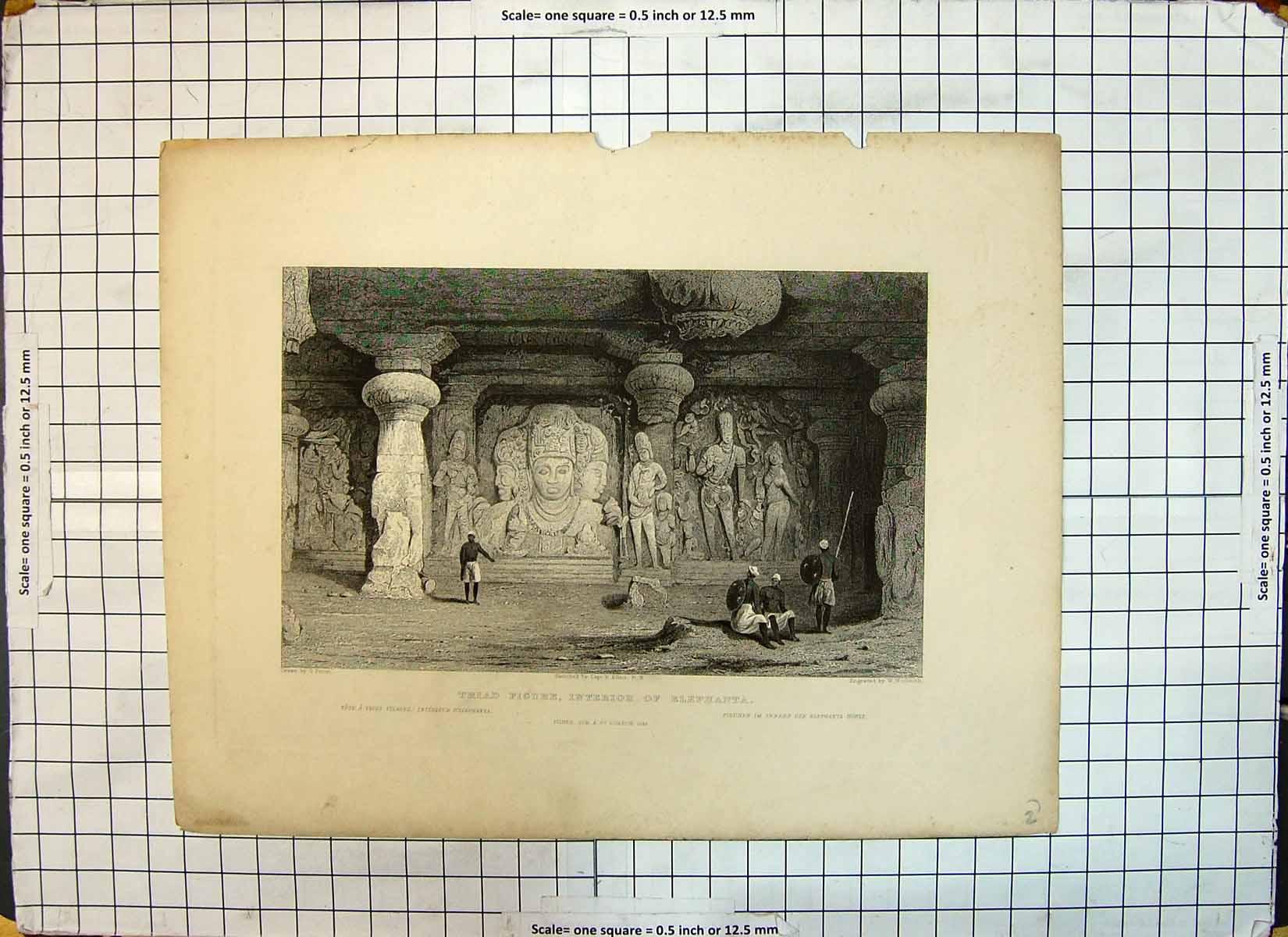Antique Old Print Triad Figure Interior Elephanta Prout Woolnorth Engraving