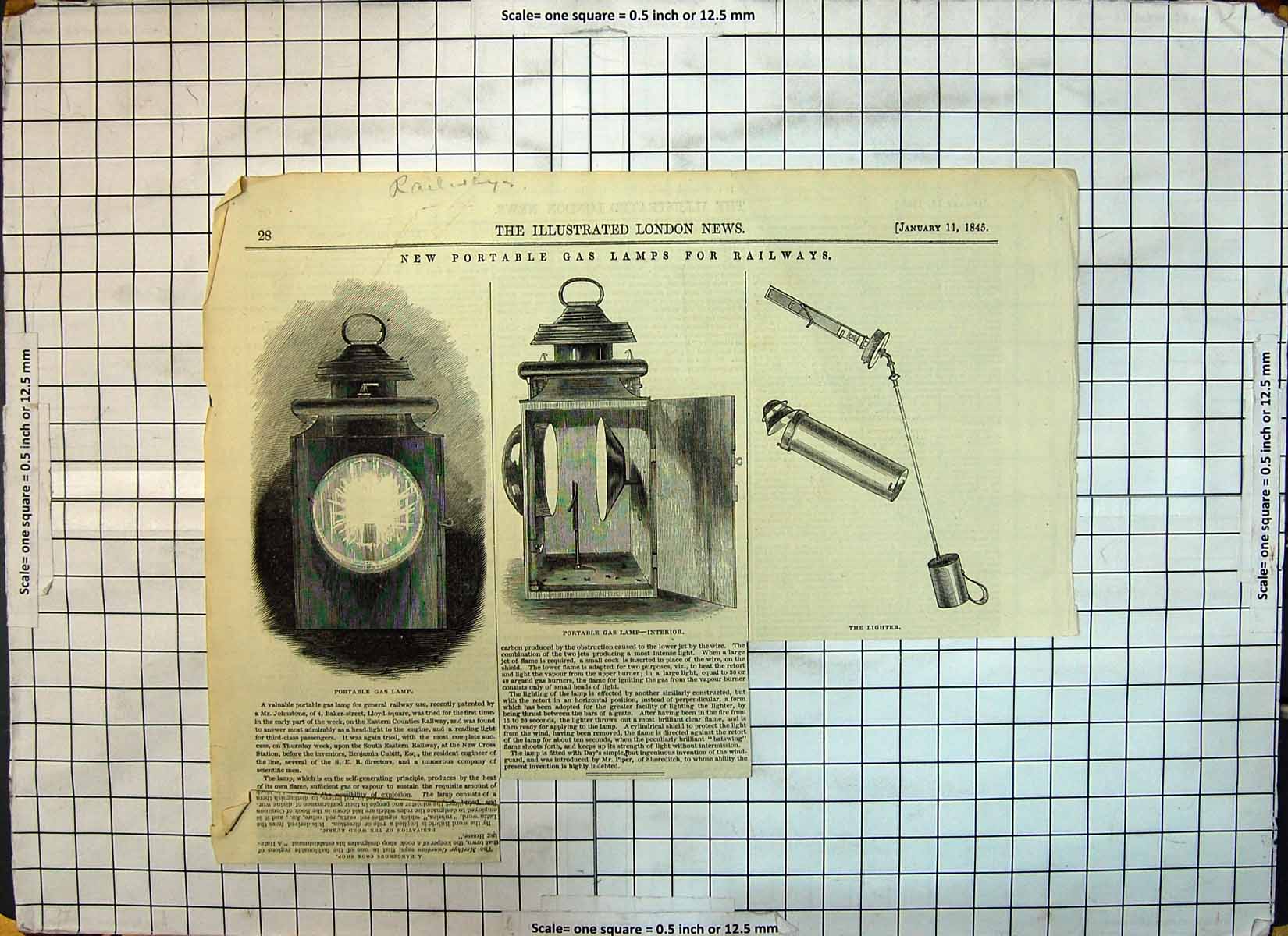 Original Old Antique Print 1845 Portable Gas Lamps Railways Lighter Victorian