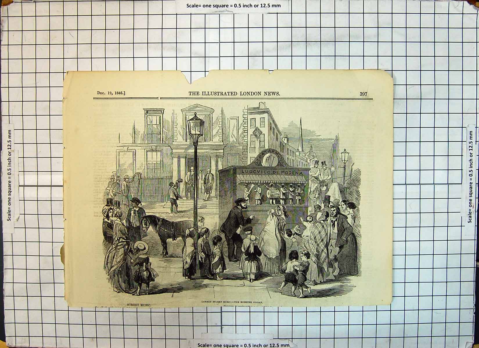 Original Old Antique Print 1846 London Street Musc Entertainment Monster Organ