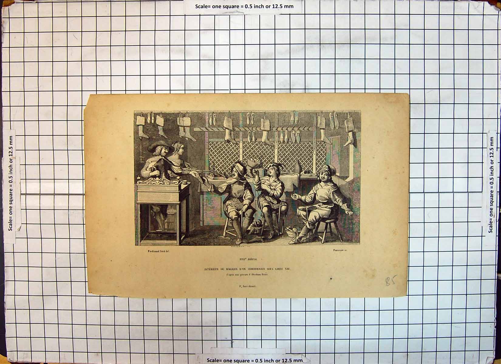 Antique Old Print Interieur Magasin Cordinnier Sous Louis Shoe Maker Cobbler