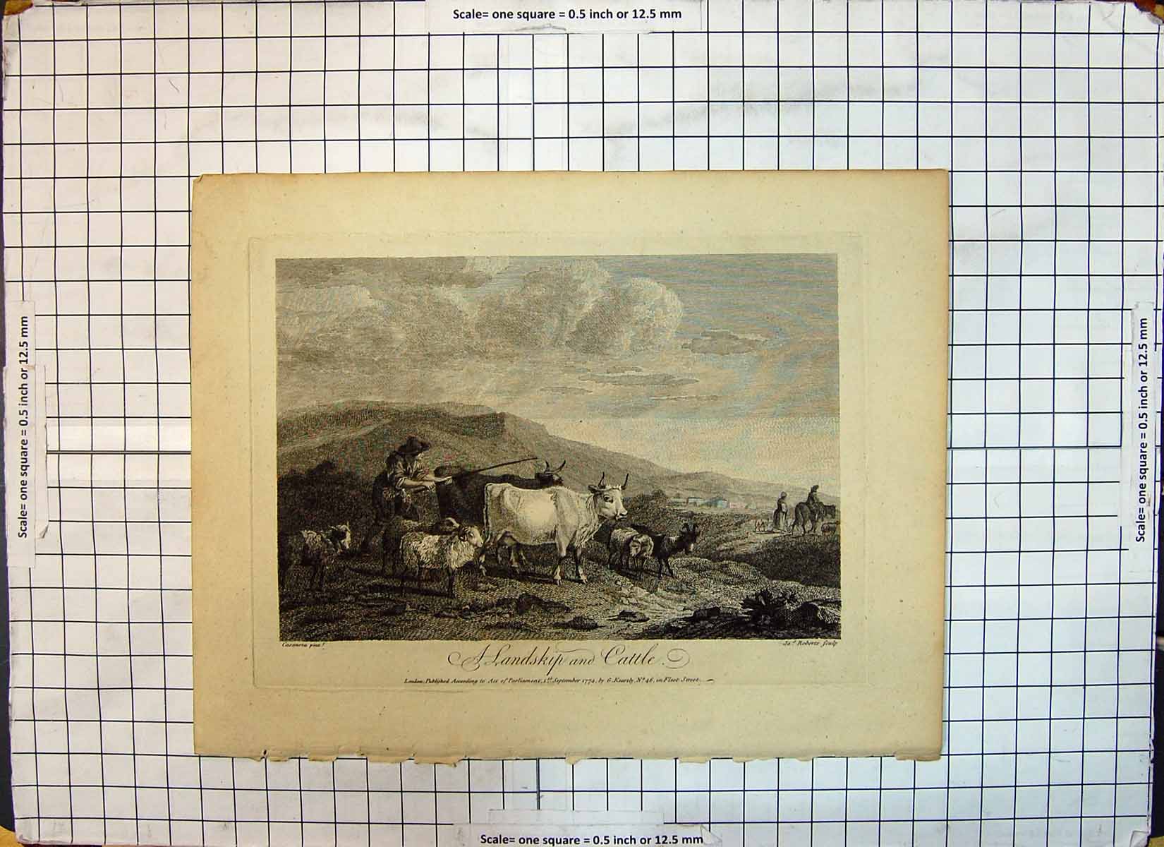 Original Old Antique Print Landskip Cattle Mountains Scene 1774 Agriculture