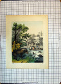 Original Old Antique Print Colour Men River Boat Animals Trees Nature