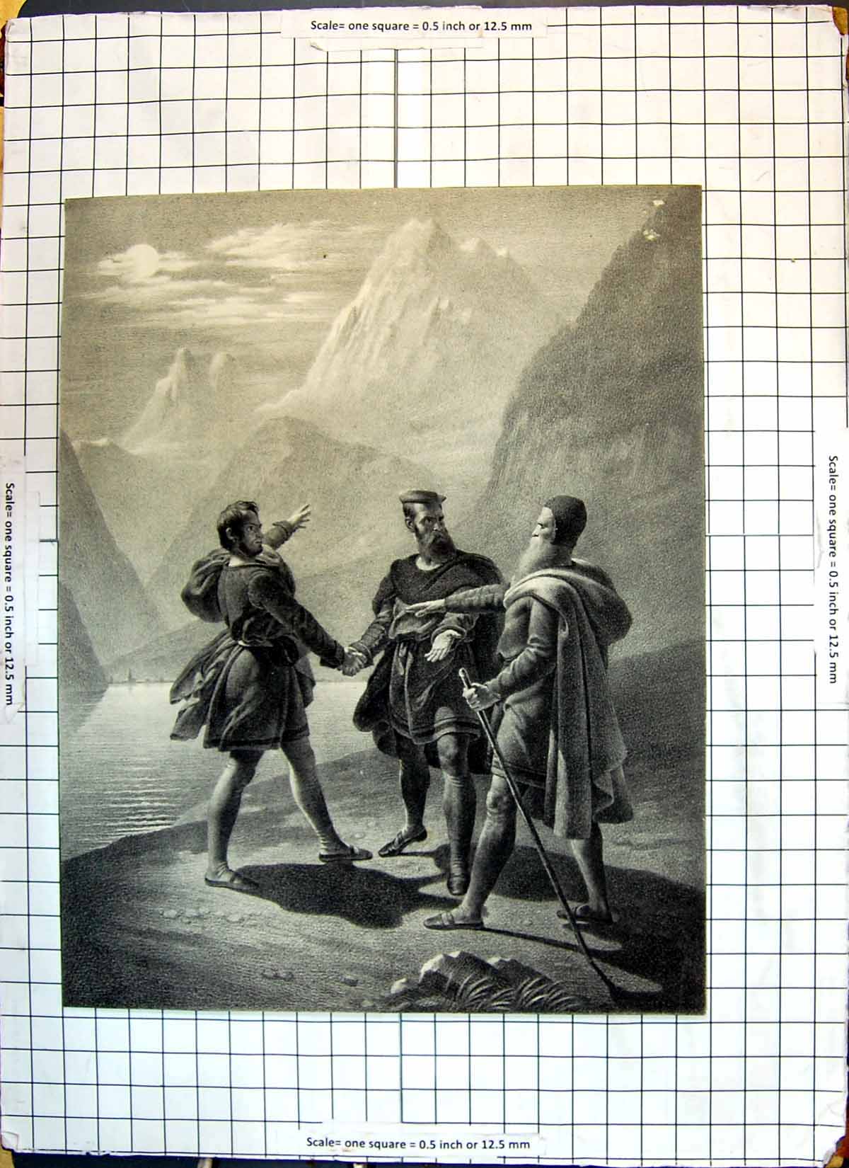 Original Old Antique Print Meeting Men Shaking Hands Mountains Scene Victorian