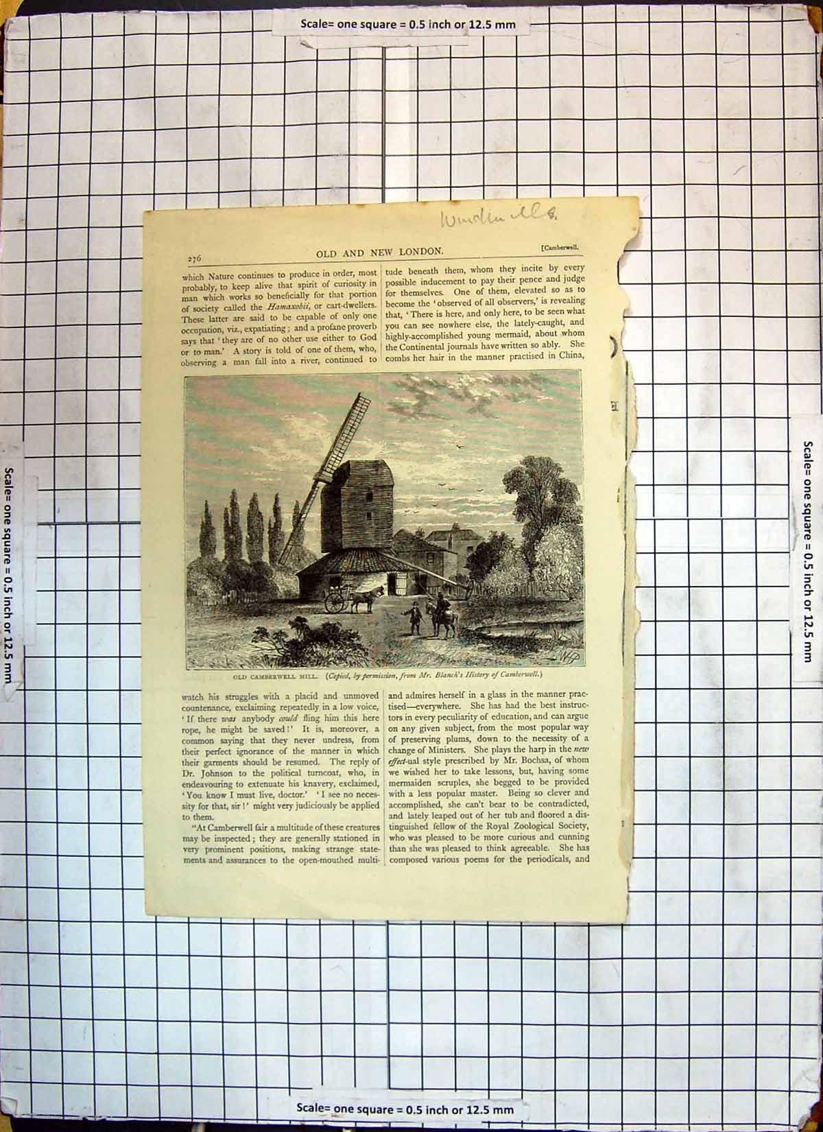 Original Old Antique Print Camberwell Mill Windmill Blanch History 20th Century