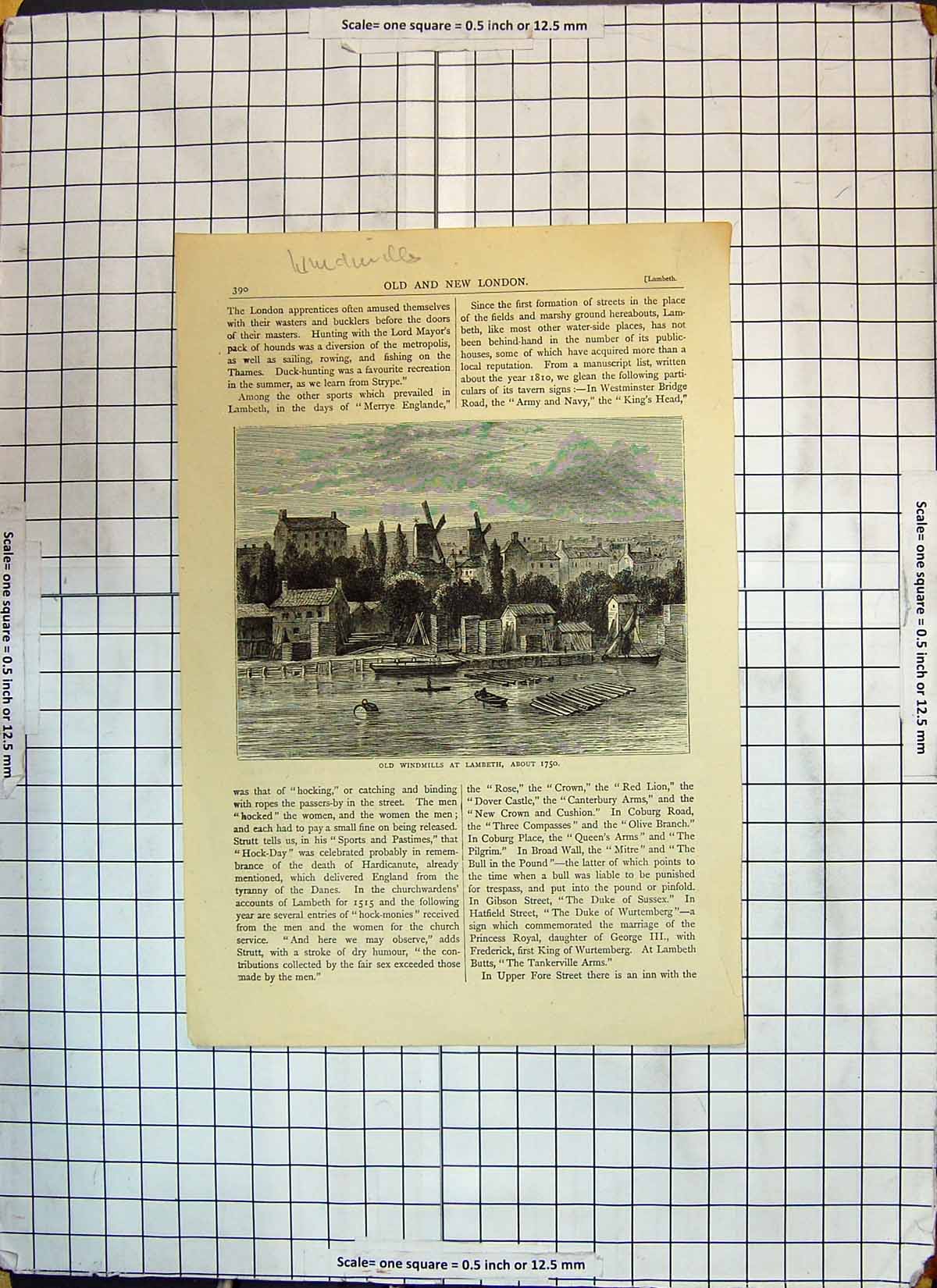Original Old Antique Print Windmills Lambeth England River Houses Boats 20th