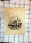 Original Old Antique Print View Entrance Port Berwick England Lighthouse Boats