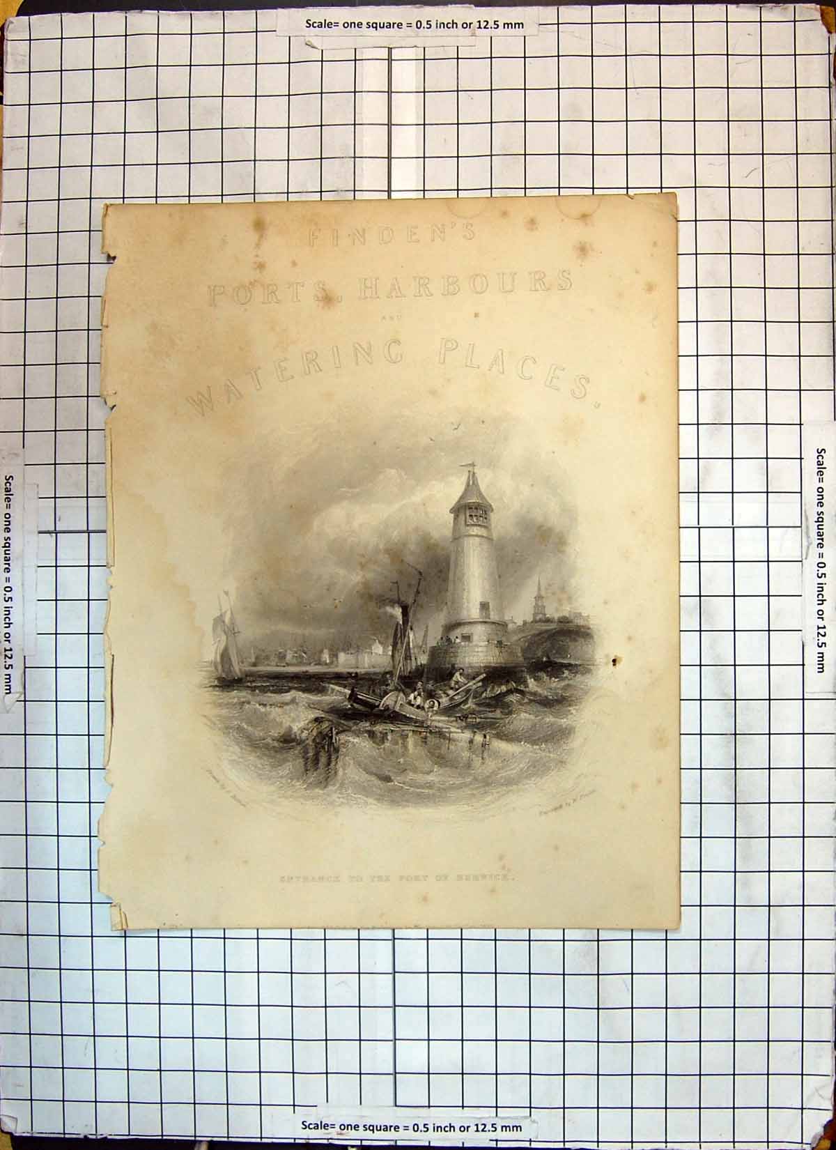 Original Old Antique Print View Entrance Port Berwick England Lighthouse Boats