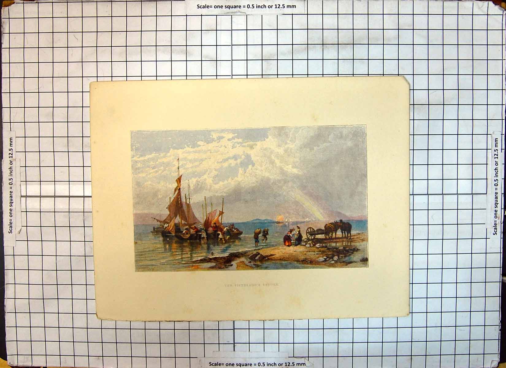 Original Old Antique Print Colour Fishermens Return Fishing Boats Beach Scene