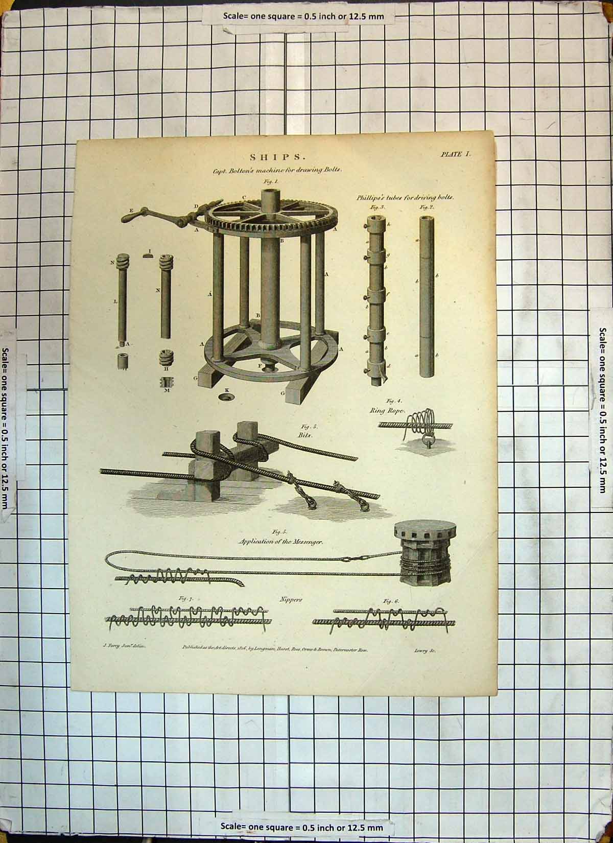 Old Print Captain Bolton Machine Drawing Bolts Phillips Tube 1816 Nippers 19th