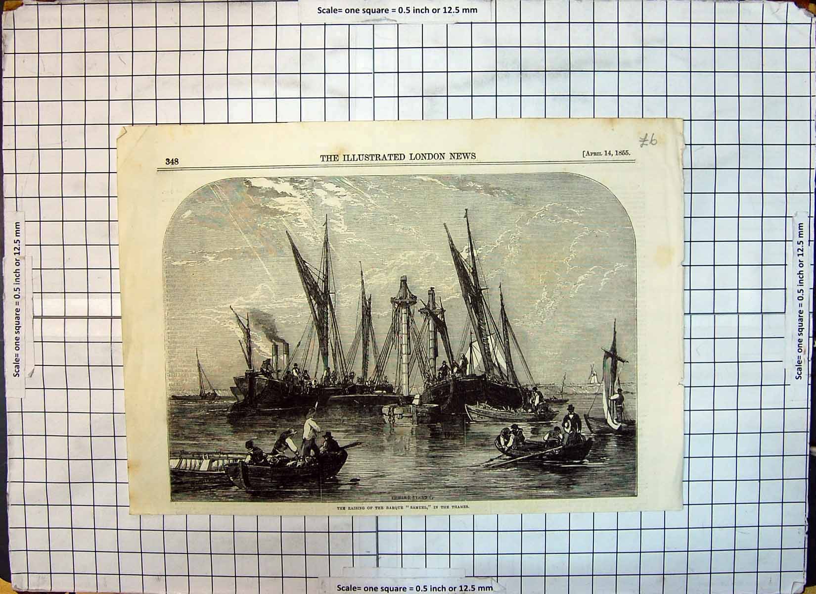 Antique Old Print 1855 Raising Barque Samuel Ships Boats River Thames London