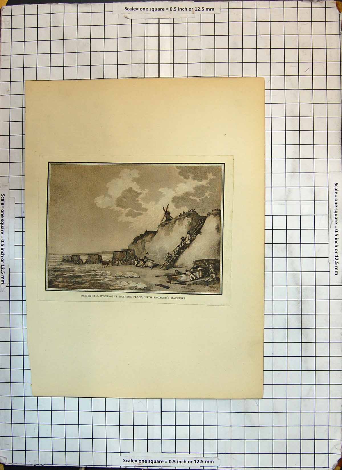 Original Old Antique Print Brighthelmstone Bathing Place Smoakers Machine