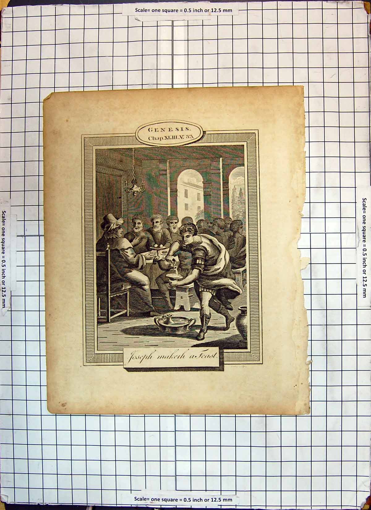 Original Old Antique Print Religious Scene Genesis Joseph Maketh Feast Food