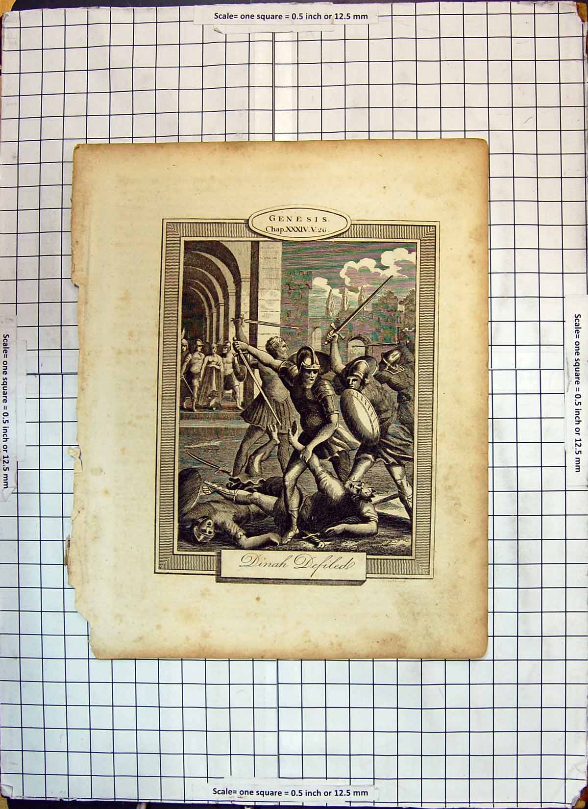 Original Old Antique Print Genesis Religious Scene Dinah Defiled