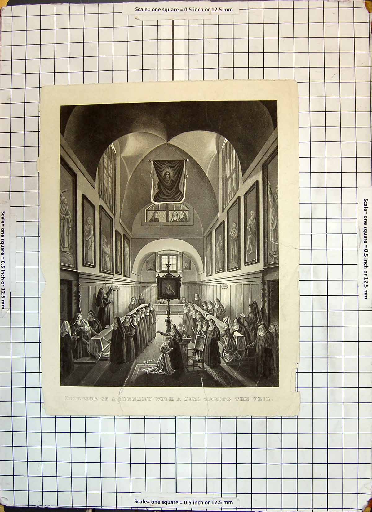 Original Old Antique Print Interior Nunnery Scene Girl Taking Veil Ceremony
