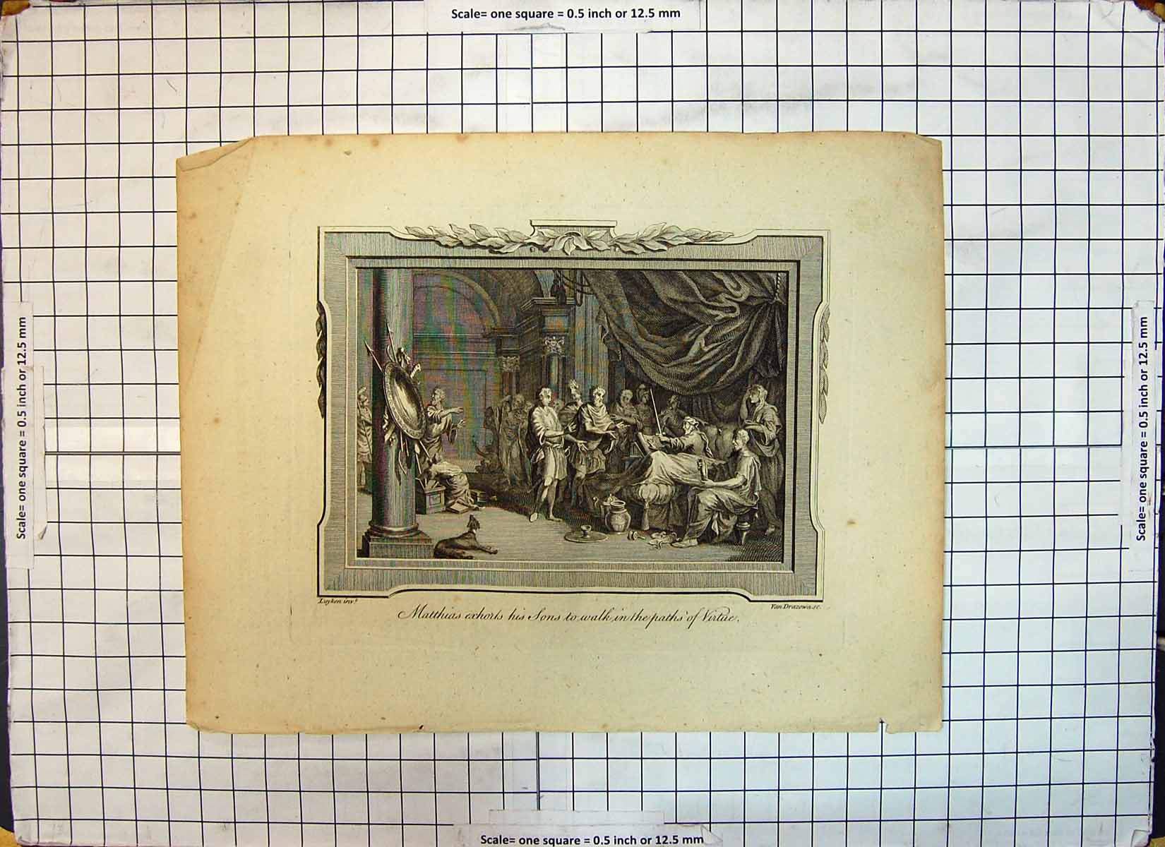 Original Old Antique Print Scene Matthias Exhorts Sons Walk Paths Virtue