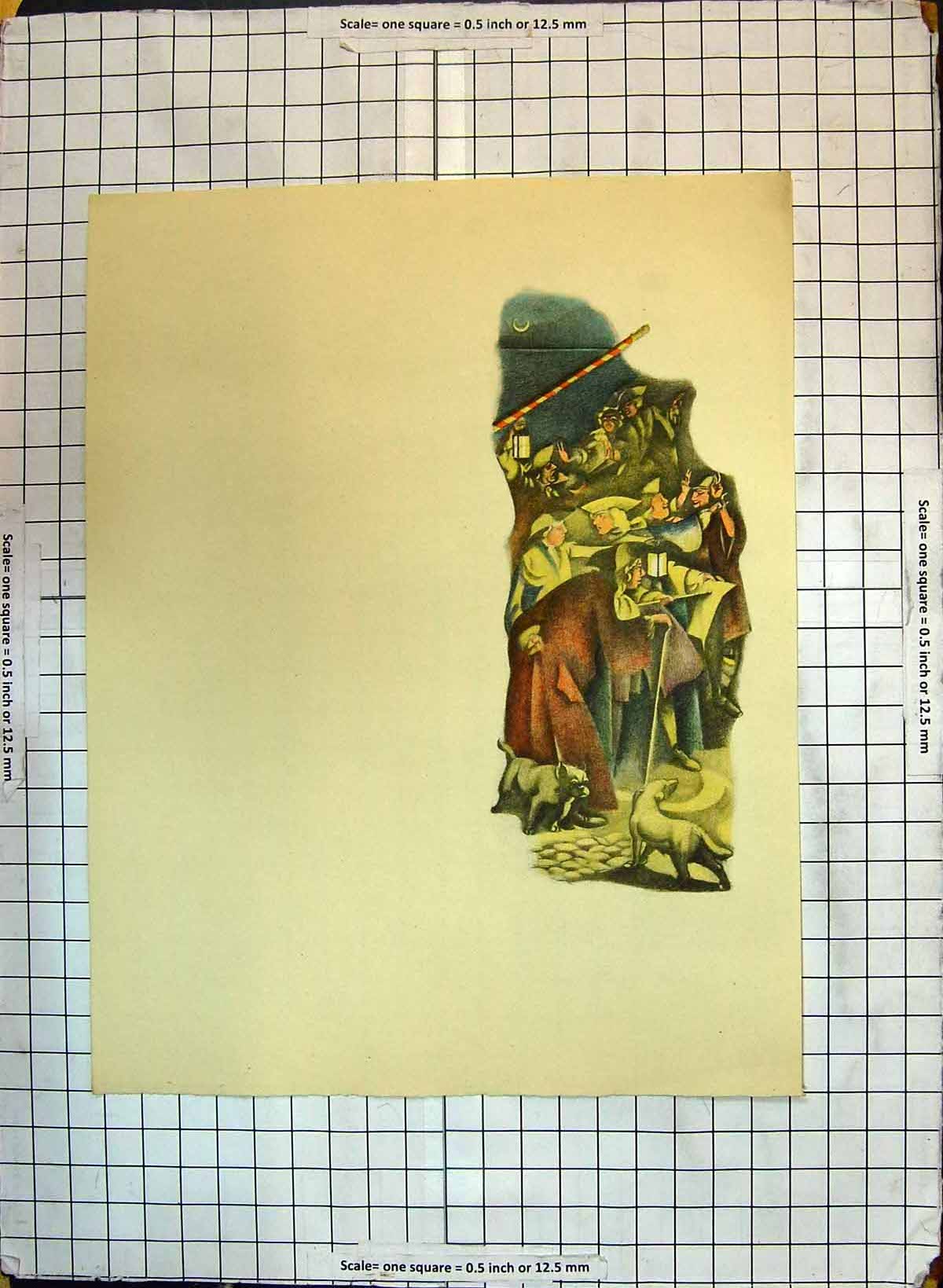 Original Old Antique Print Colour Street Scene Lamp Lights People Dogs