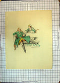 Original Old Antique Print Colour Man Lady Green Dress Romance