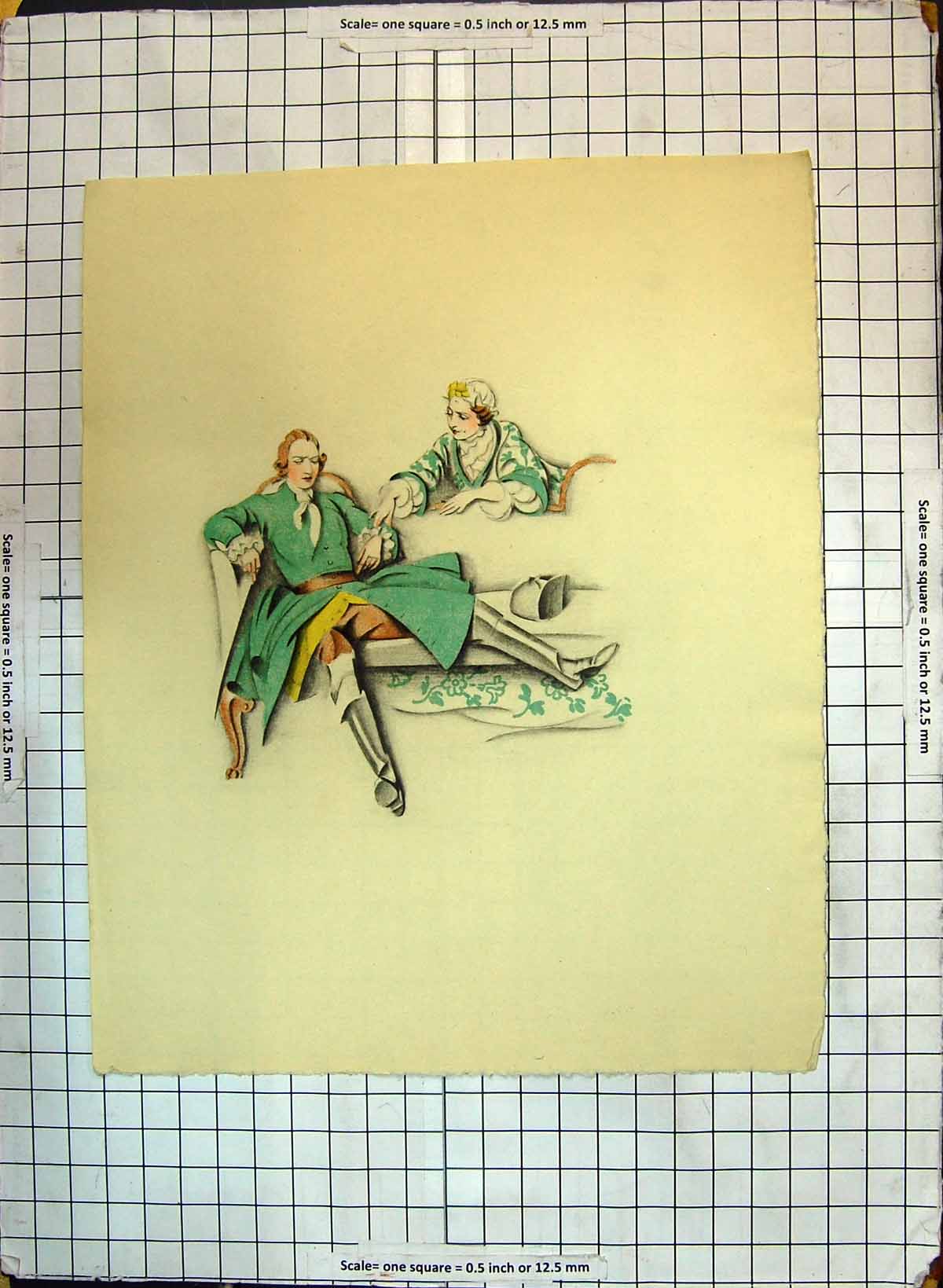 Original Old Antique Print Colour Man Lady Green Dress Romance