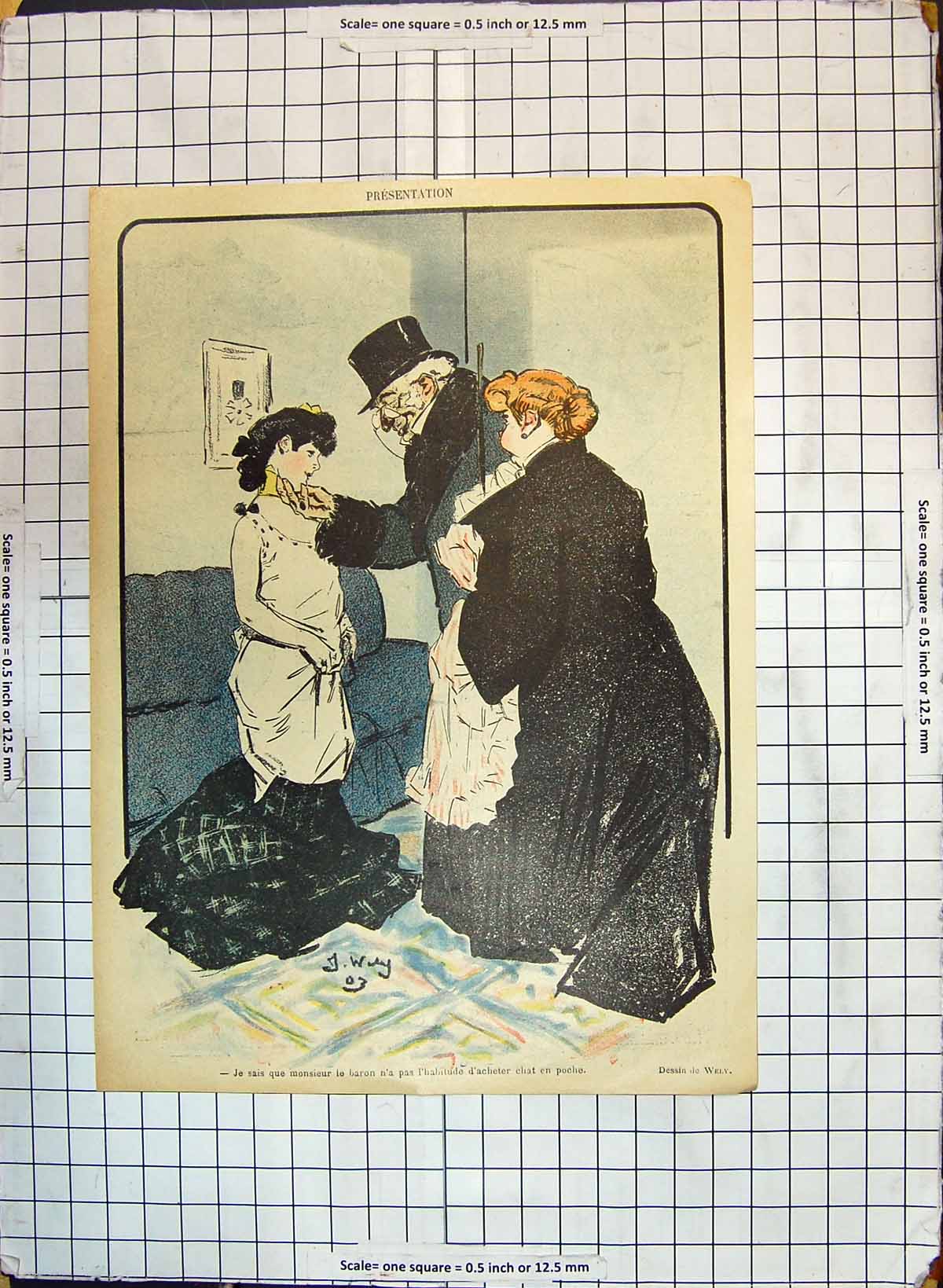 Old Antique Print Colour Ladies Man Monsieur Baron D'Acheter Chat Poche