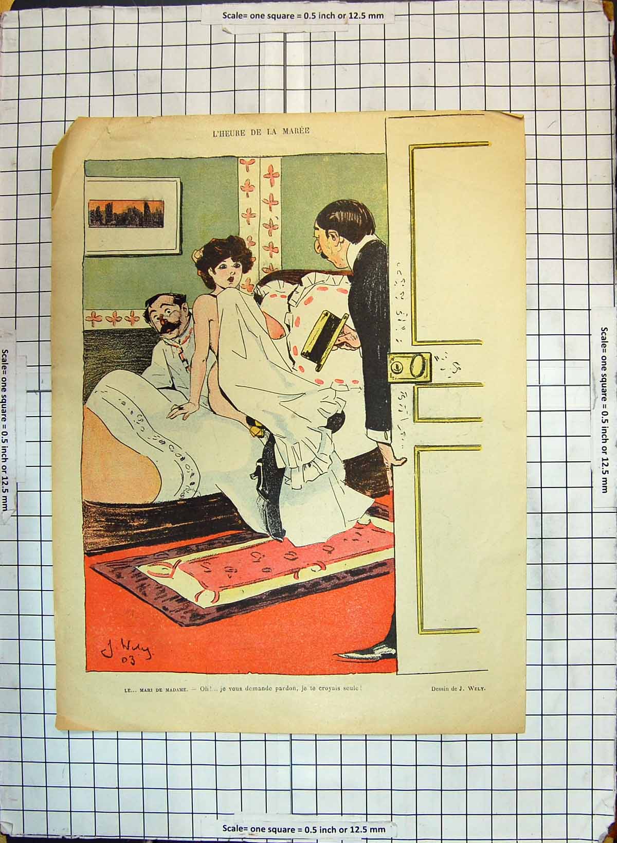 Original Old Antique Print Colour Nude Lady Man Bedroom Comedy Marie Madame