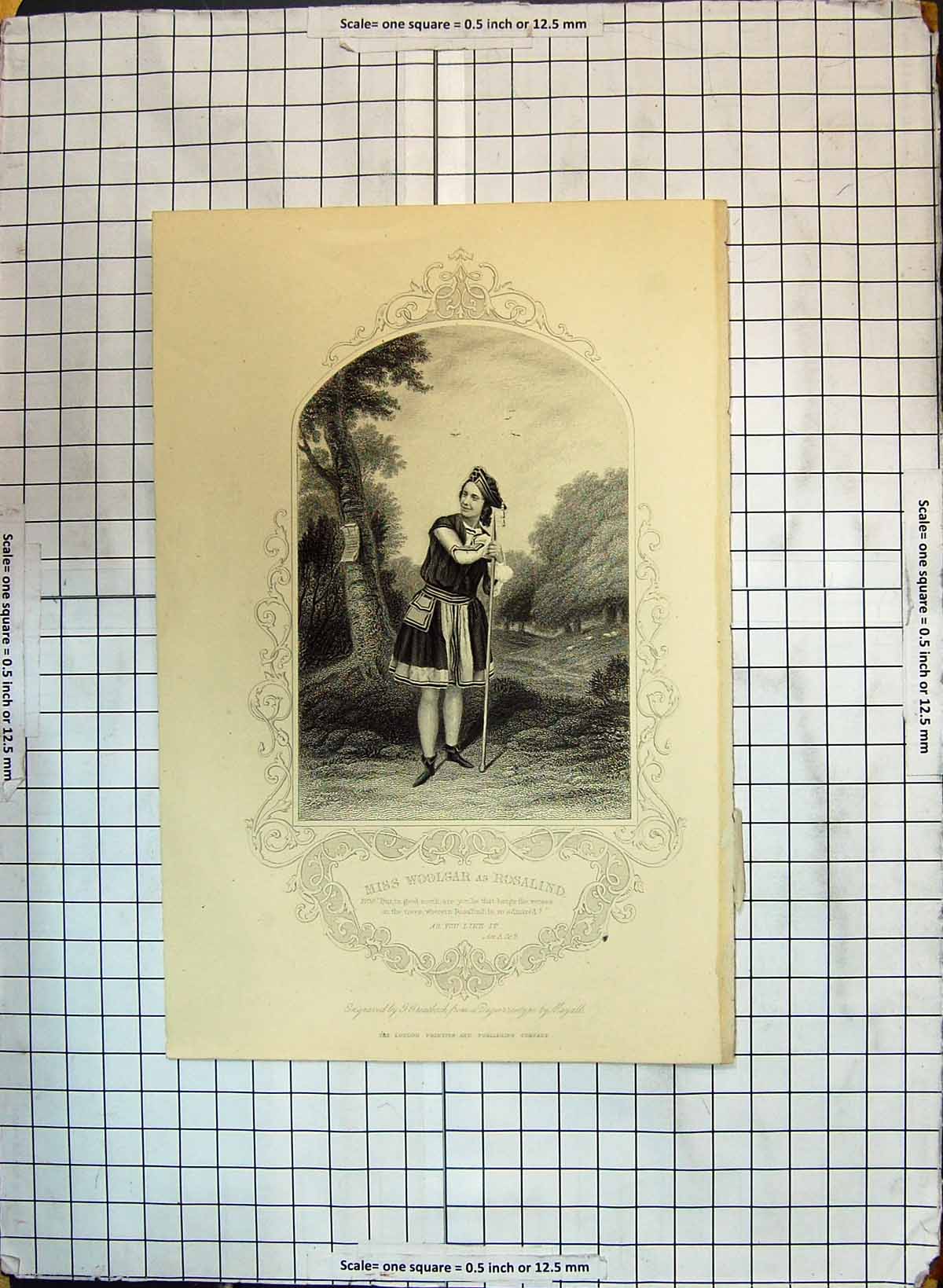 Original Old Antique Print Miss Woolgar Rosalind Theatre Actress Engraving