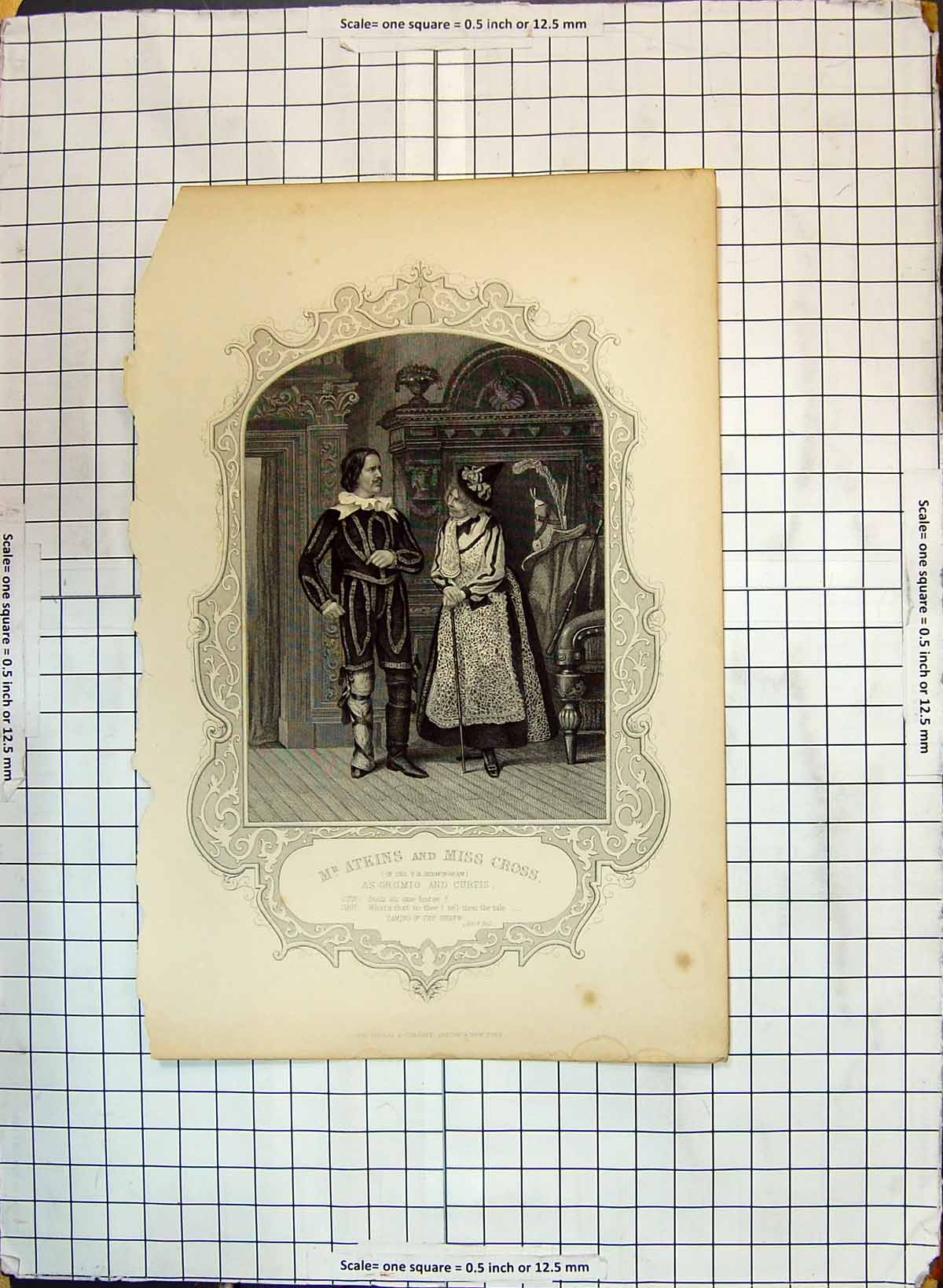 Original Old Antique Print Mr Atkins Miss Cross Grumio Curtis Theatre Actors