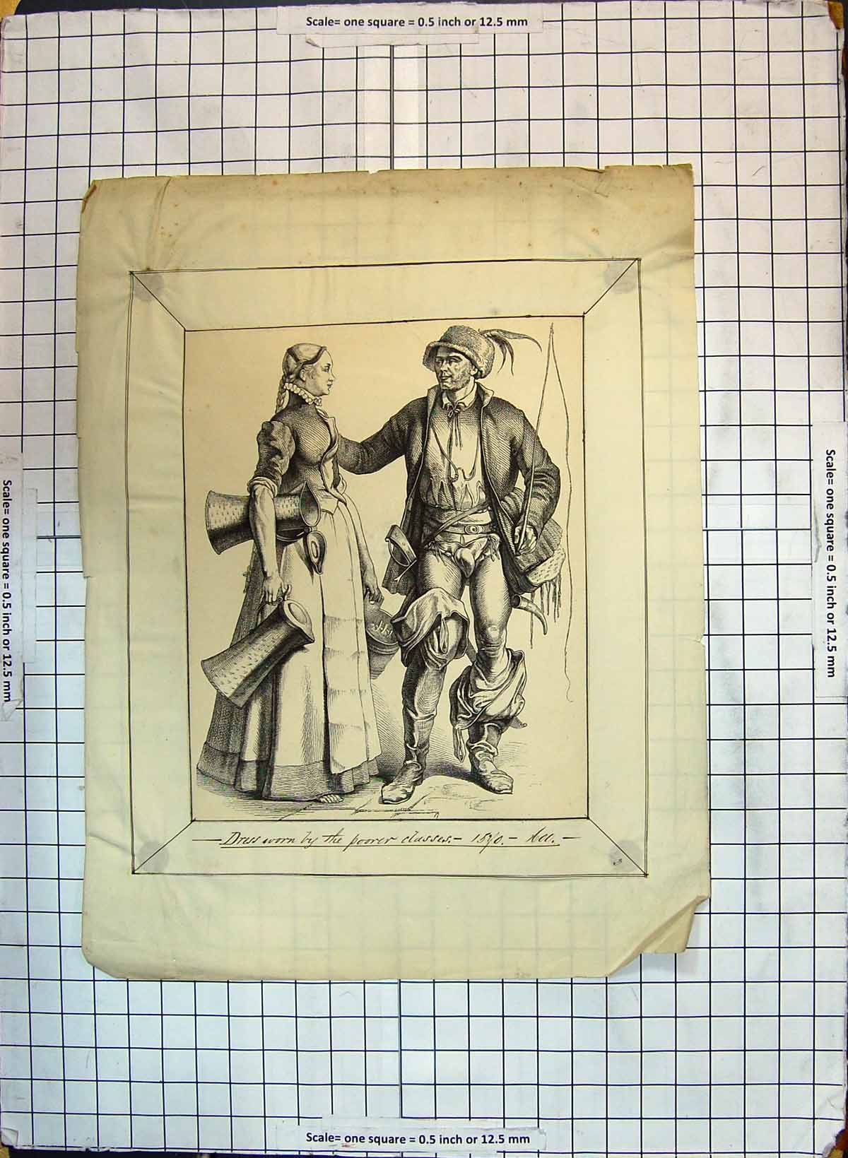 Original Old Antique Print Fashion Dress Poorer Classes People 1520-1600