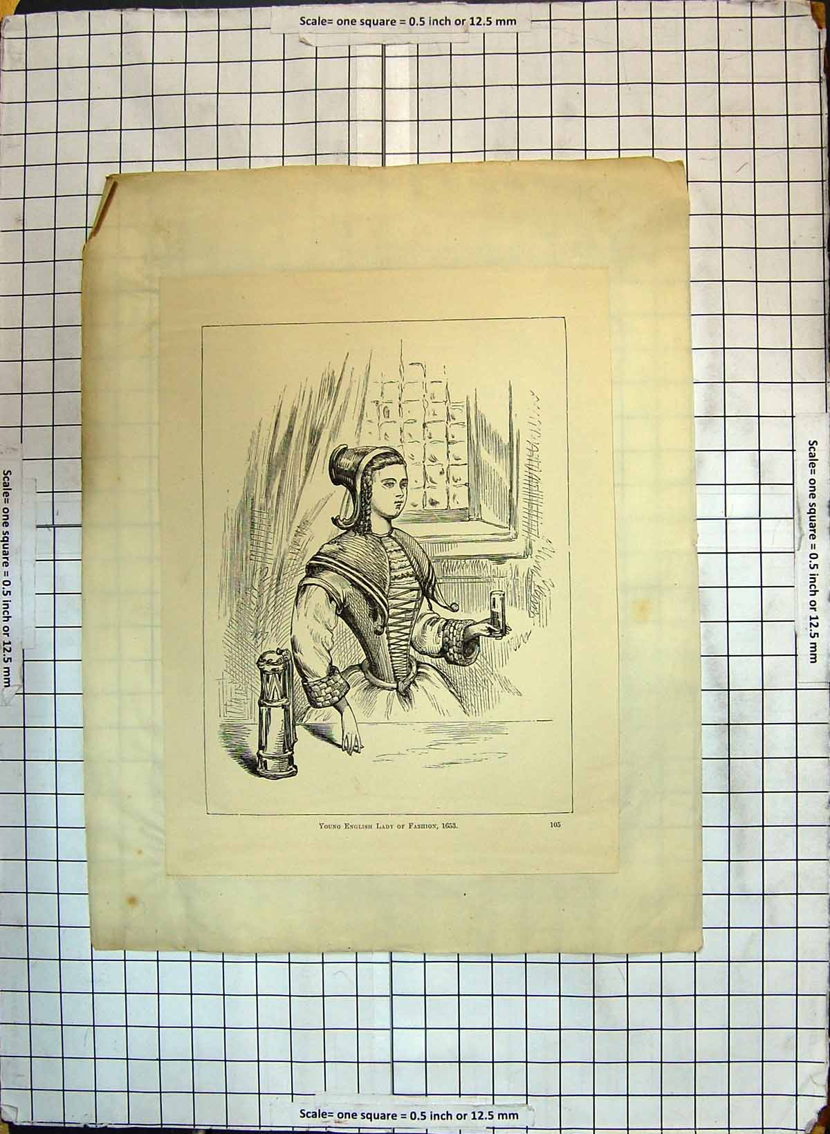 Original Old Antique Print Beautiful Young English Lady Fashion 1653