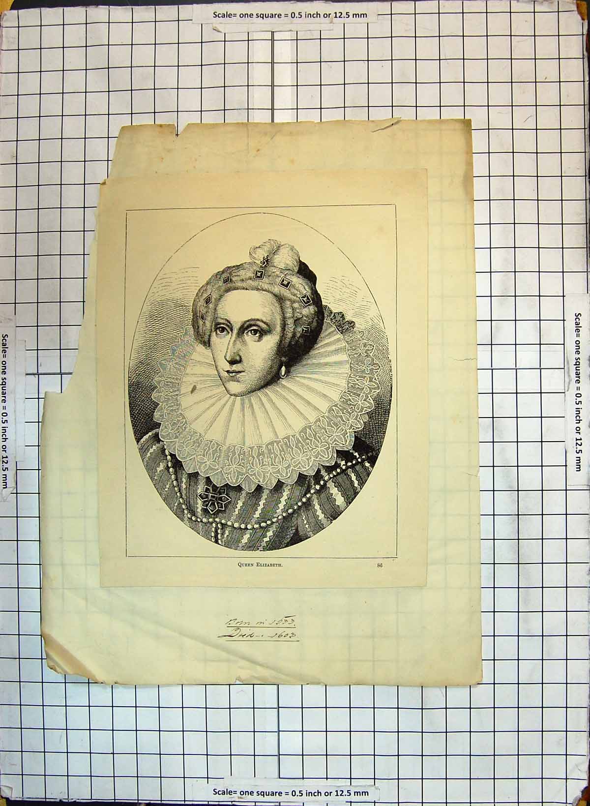 Original Old Antique Print Portrait Beautiful Lady Queen Elizabeth Royalty