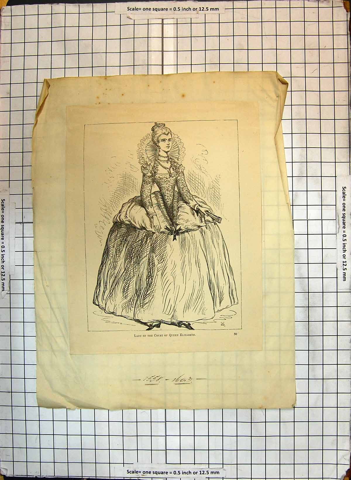Original Old Antique Print Portrait Lady Court Queen Elizabeth Fashion Dress
