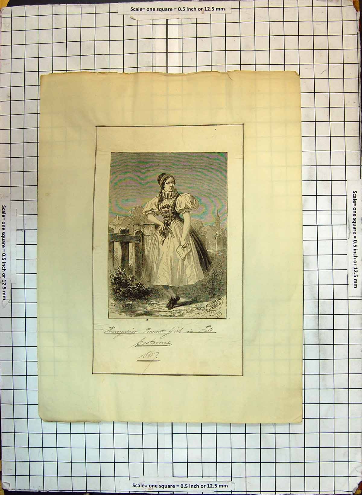 Original Old Antique Print Fashion Hungarian Peasant Girl Costume Dress 1867
