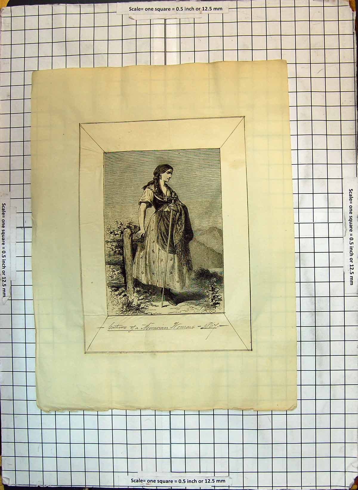 Original Old Antique Print Portrait Costume Moravian 1867 Fashion Dress 19th