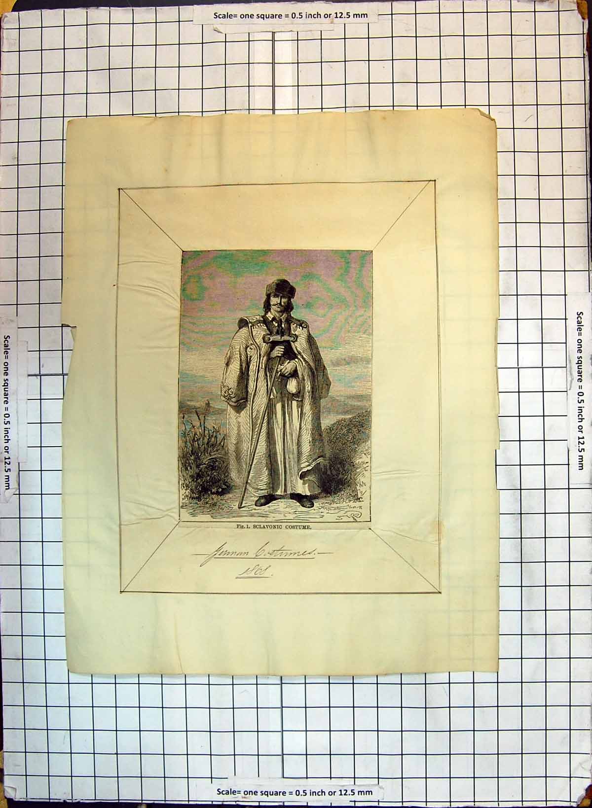 Original Old Antique Print German Costume Man Scalvonic Fashion Dress 1868 19th
