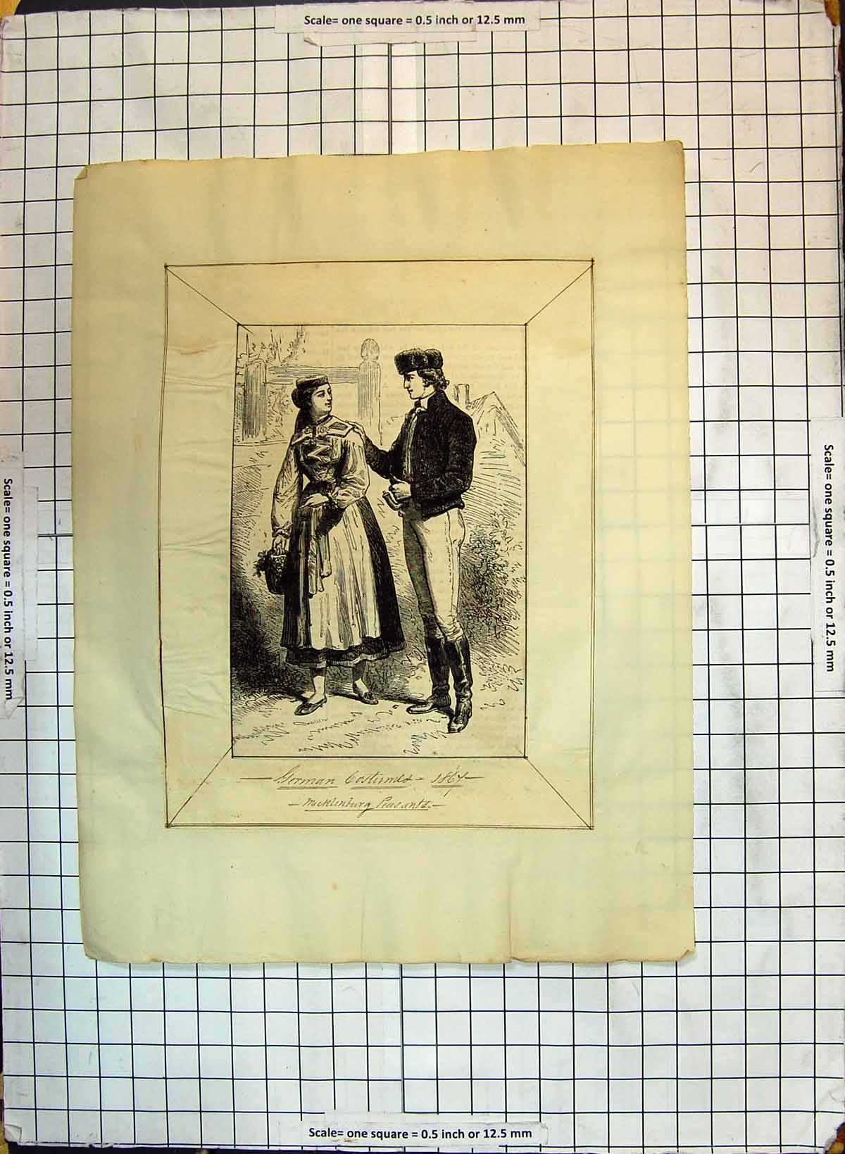 Original Old Antique Print German Costumes Man Lady Fashion Peasants 1867 19th