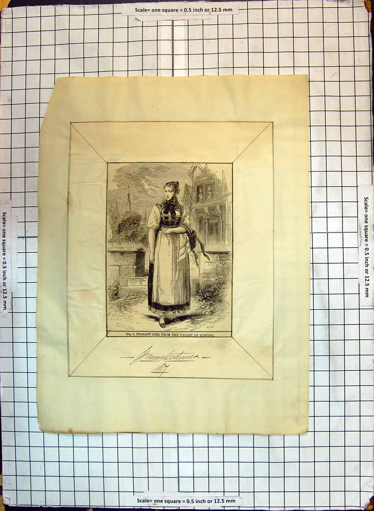 Antique Old Print Peasant Girl Valley Kintzig German Costumes Fashion 1867 19th