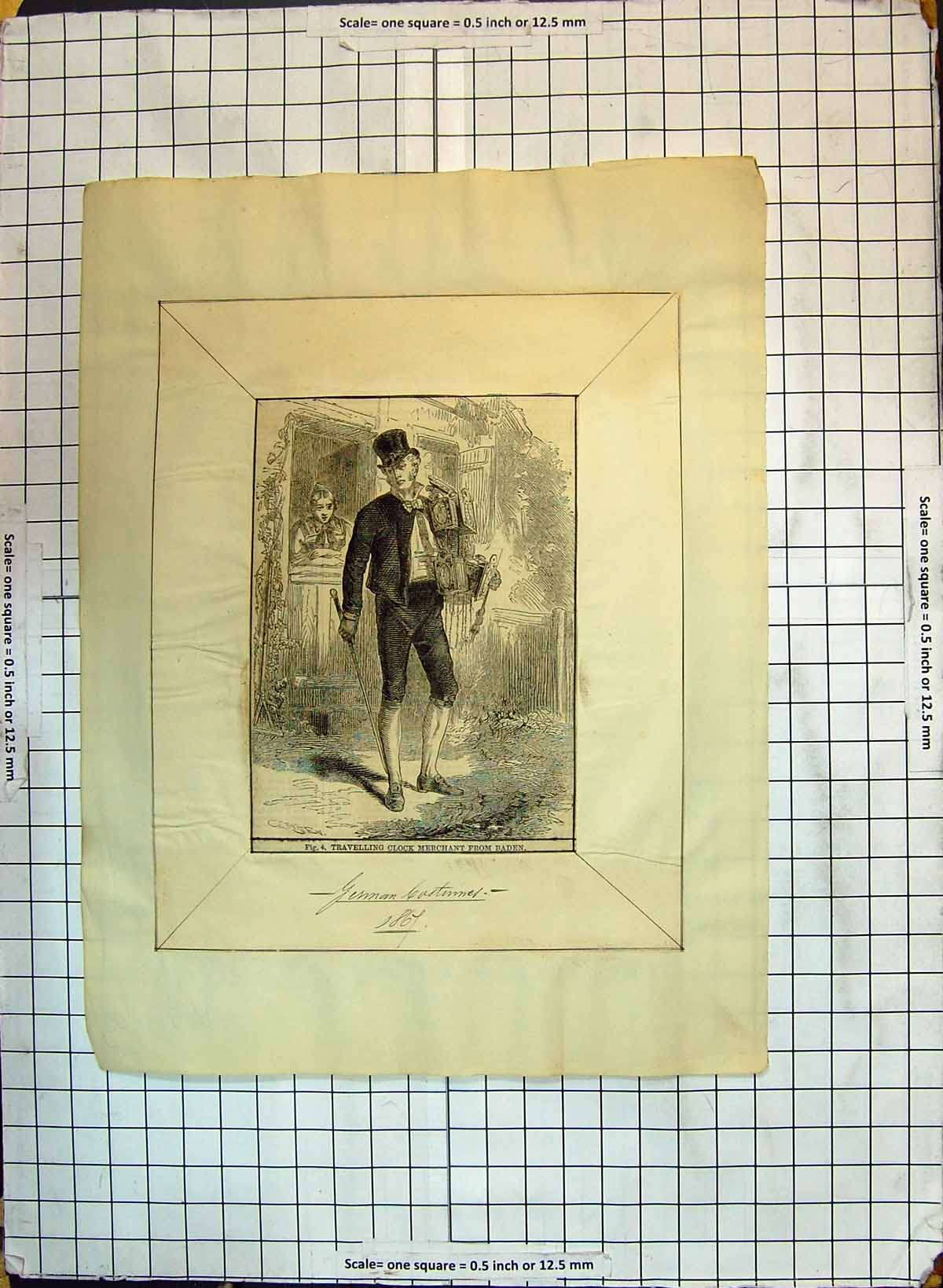 Antique Print German Costumes Fashion Travelling Clock Merchant Baden 1867 19th