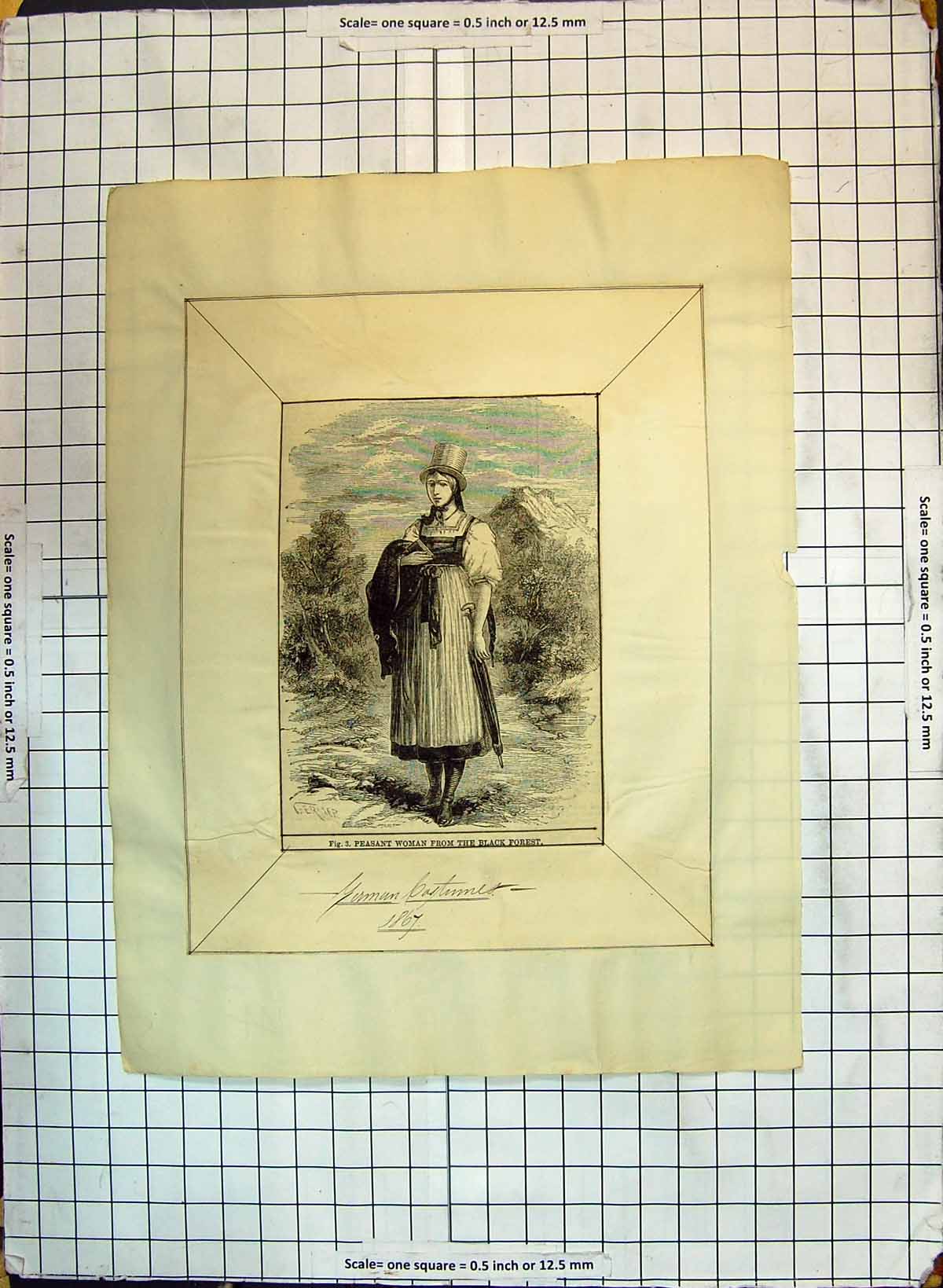 Original Old Antique Print Peasant Woman Black Forest German Costumes 1867 19th
