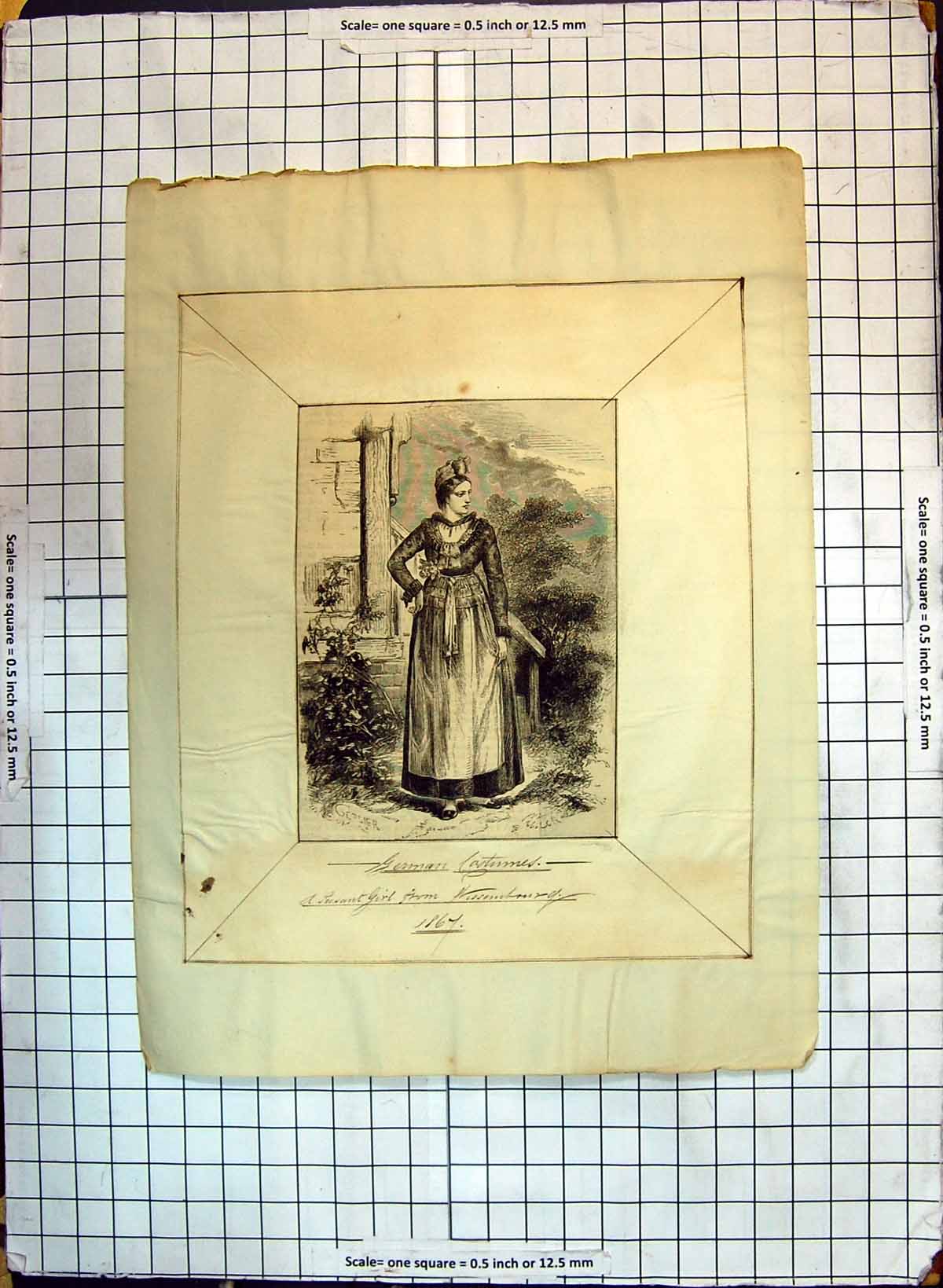 Original Old Antique Print German Costumes Peasant Girl Fashion Lady 1867 19th