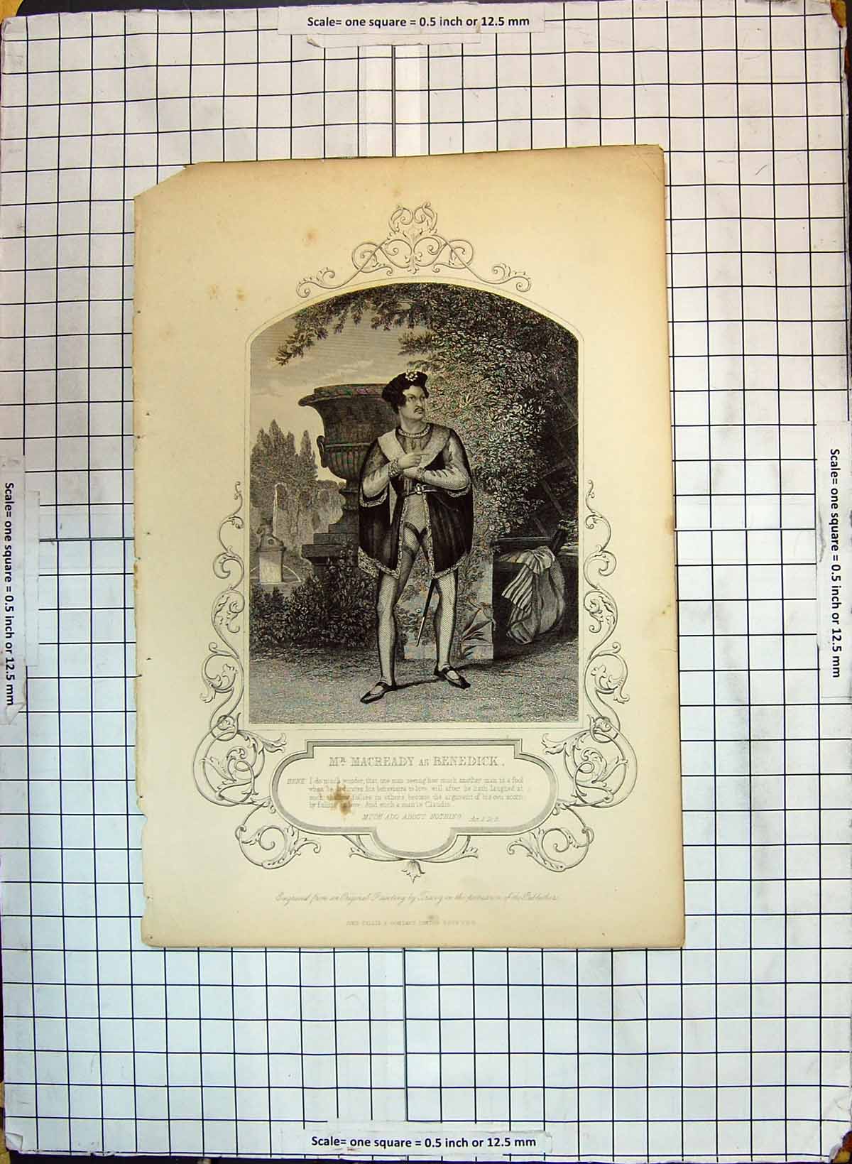 Original Old Antique Print Mr Macready Benedick Theatre Actor Much Ado Nothing