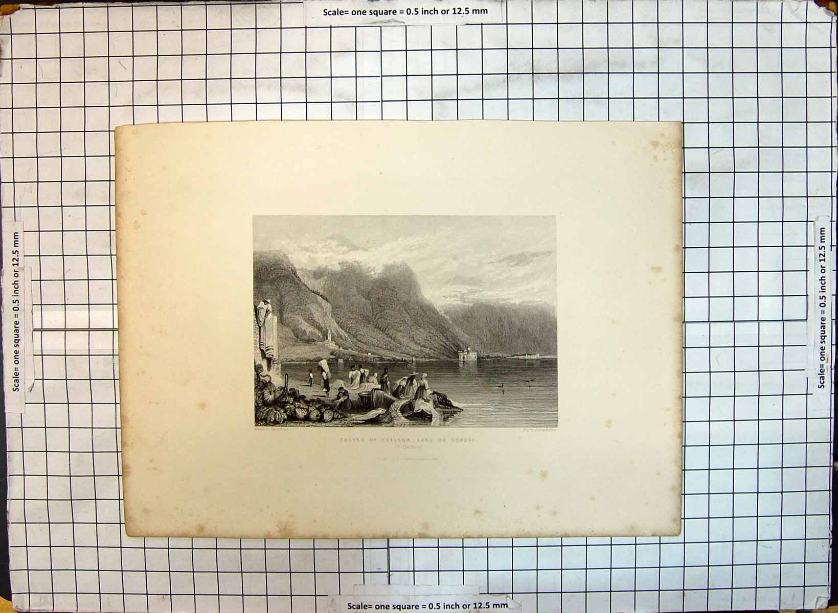 Original Old Antique Print Castle Chillon Geneva Mountains Engraving