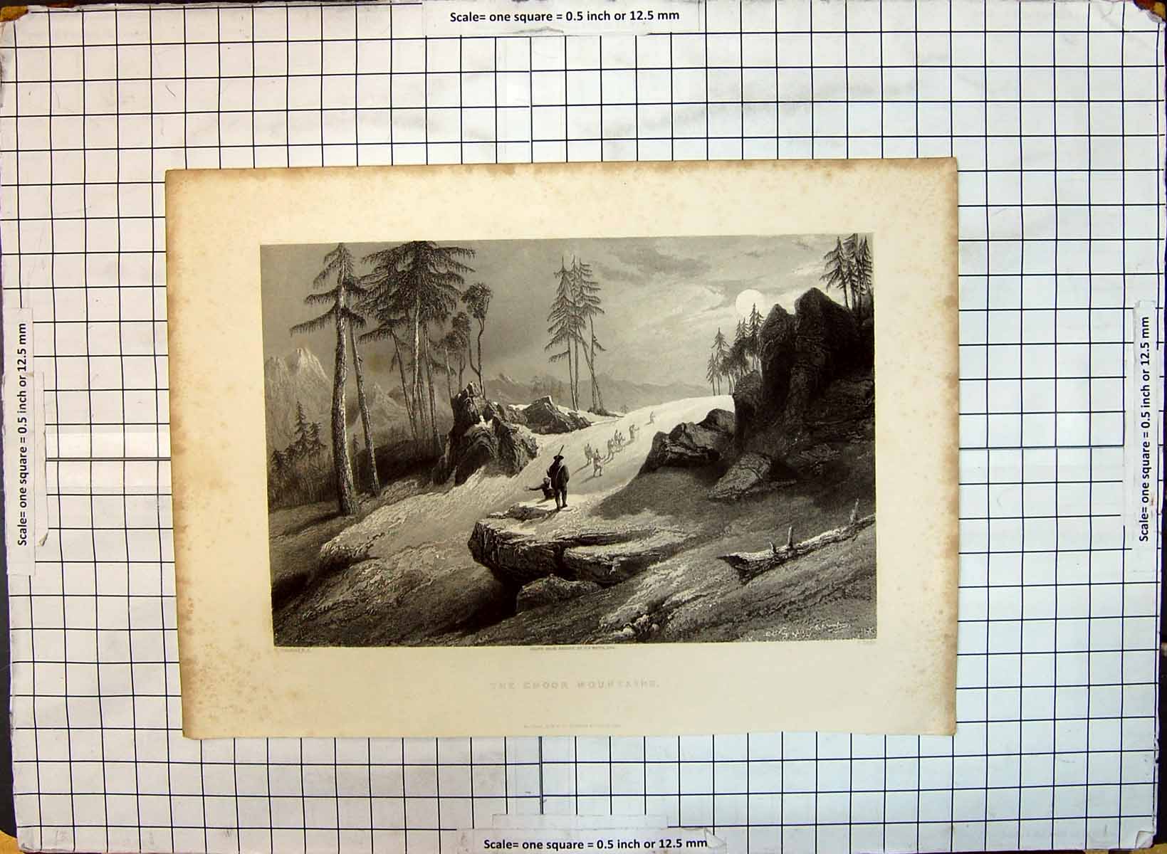 Original Old Antique Print Choor Mountains Men Climbing Trees Sun Engraving
