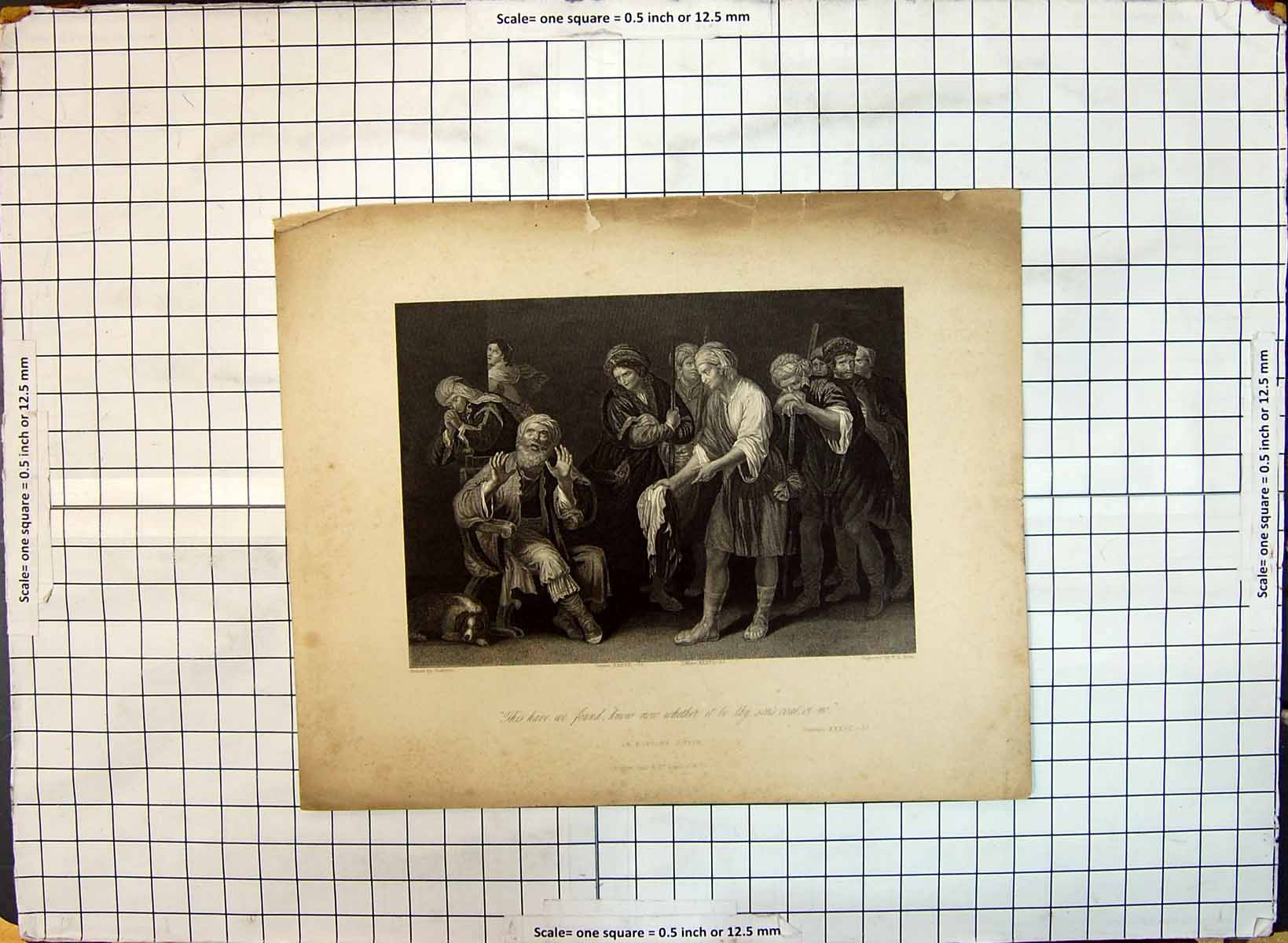 Original Old Antique Print La Robe De Joseph Men Weapons Moses Engraving
