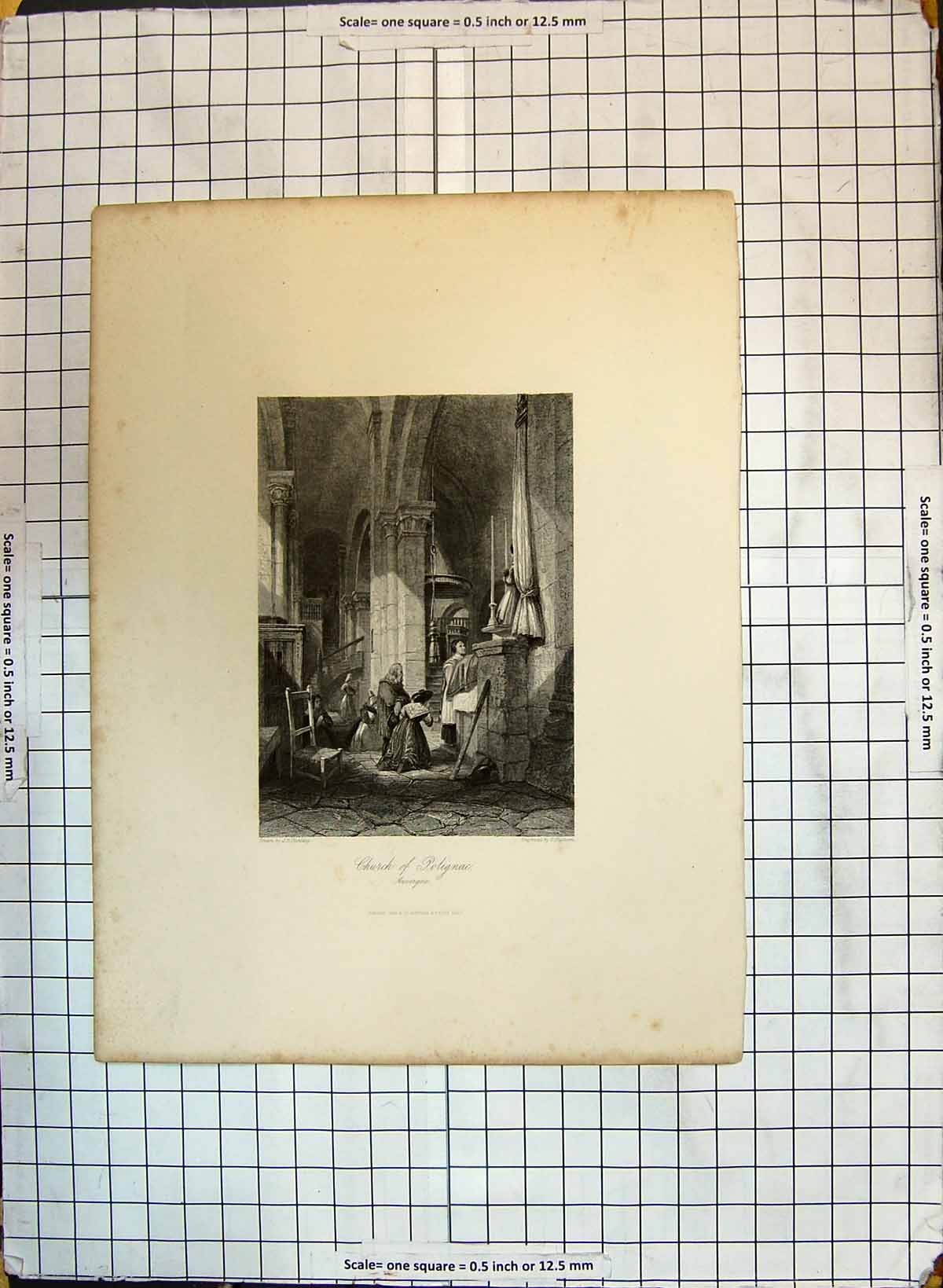 Old Antique Print Church Polignac People Praying Architecture Engraving