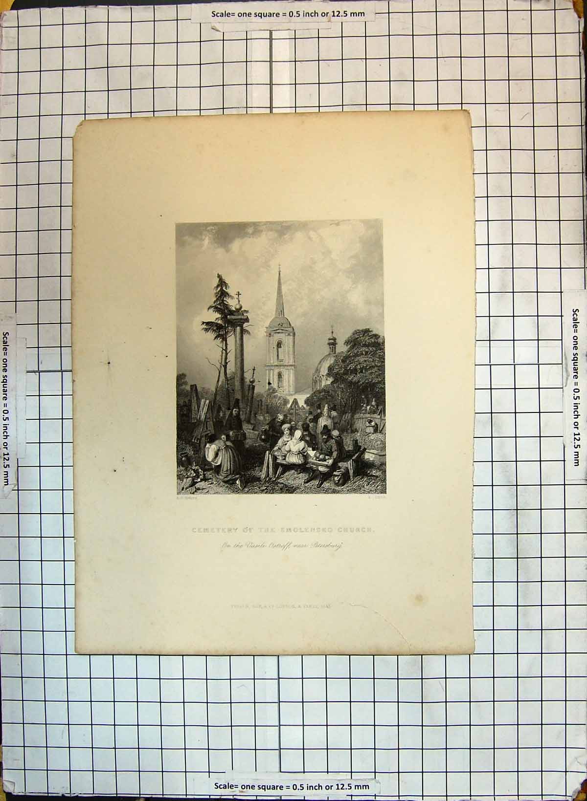 Original Old Antique Print Cemetery Smolensko Church Architecture Engraving