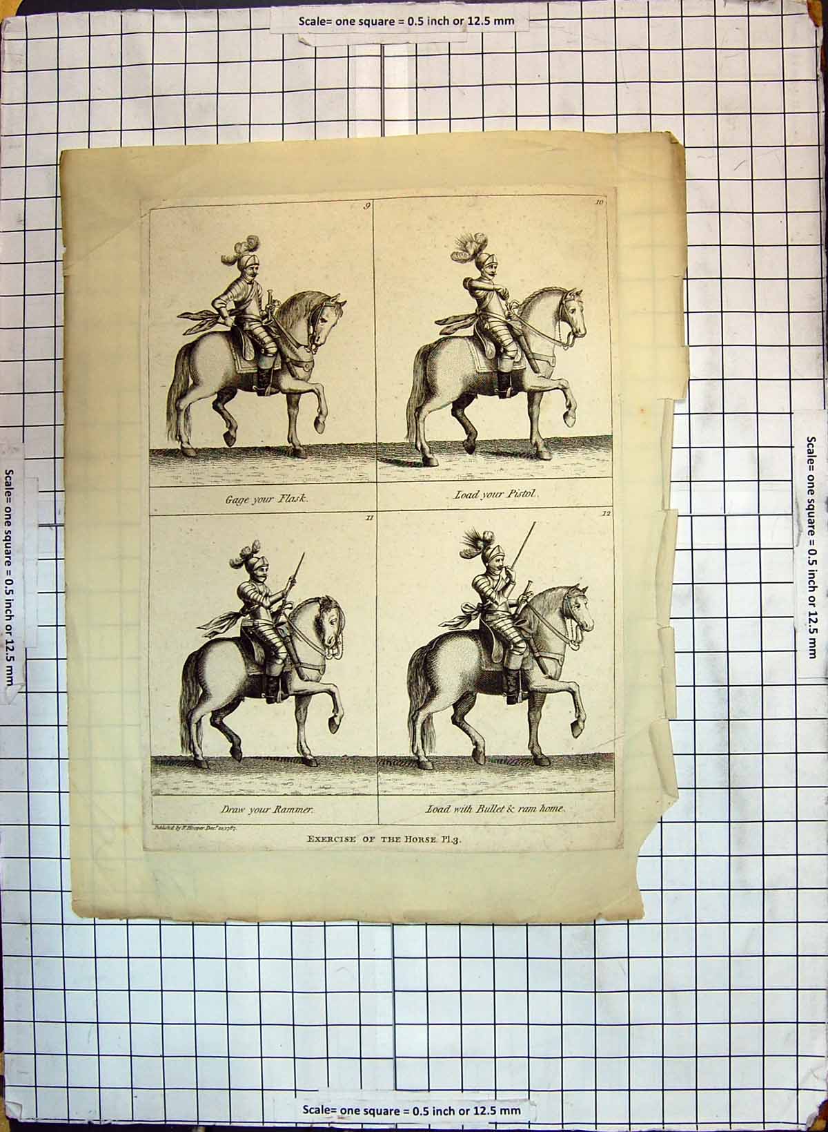 Antique Old Print Knight Horse Exerciserammer Flask Pistol Bullet Ram Armour